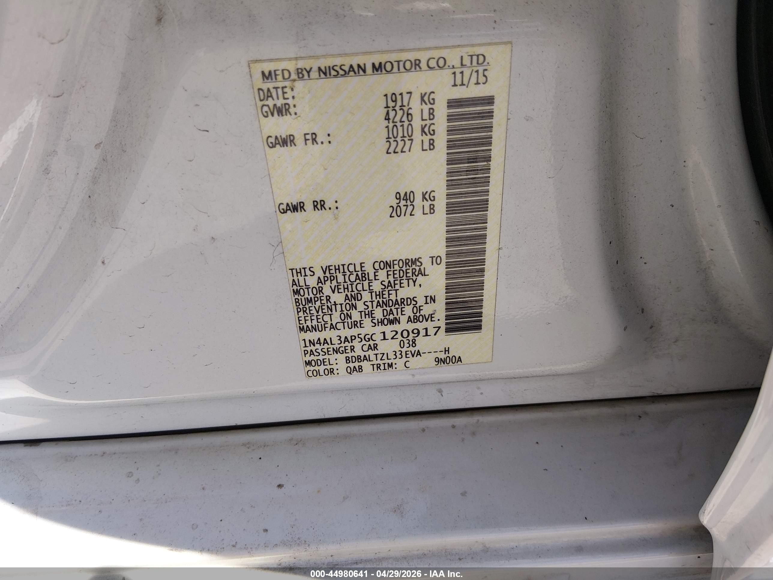 2016 Nissan Altima 2.5 Sl White vin: 1N4AL3AP5GC120917