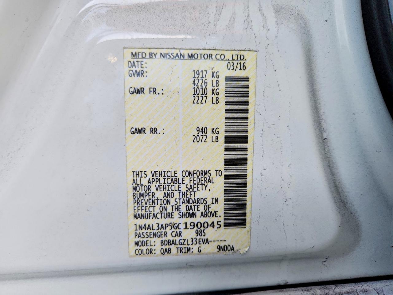 2016 Nissan Altima 2.5 S White vin: 1N4AL3AP5GC190045