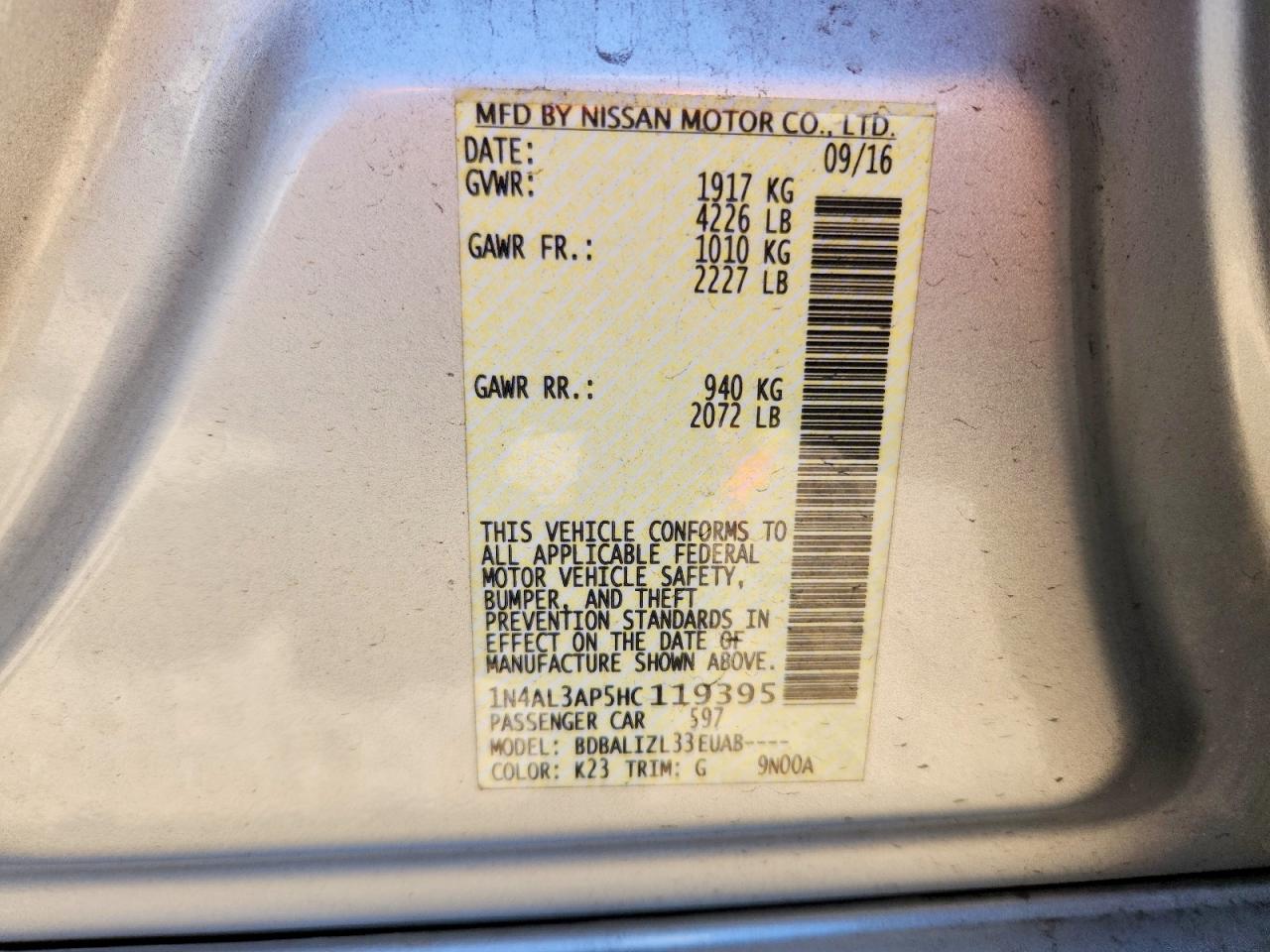 2017 Nissan Altima 2.5 Sv Silver vin: 1N4AL3AP5HC119395