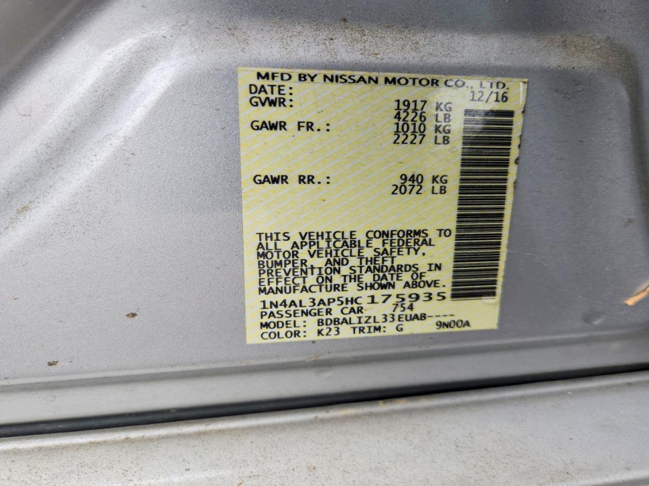 2017 Nissan Altima 2.5 Sv Silver vin: 1N4AL3AP5HC175935