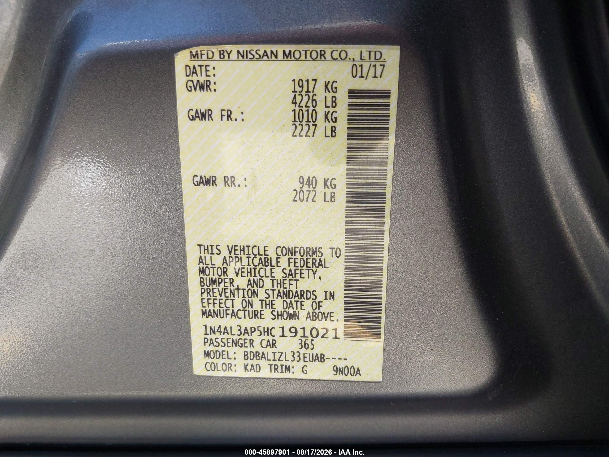 2017 Nissan Altima 2.5 Sv Gray vin: 1N4AL3AP5HC191021