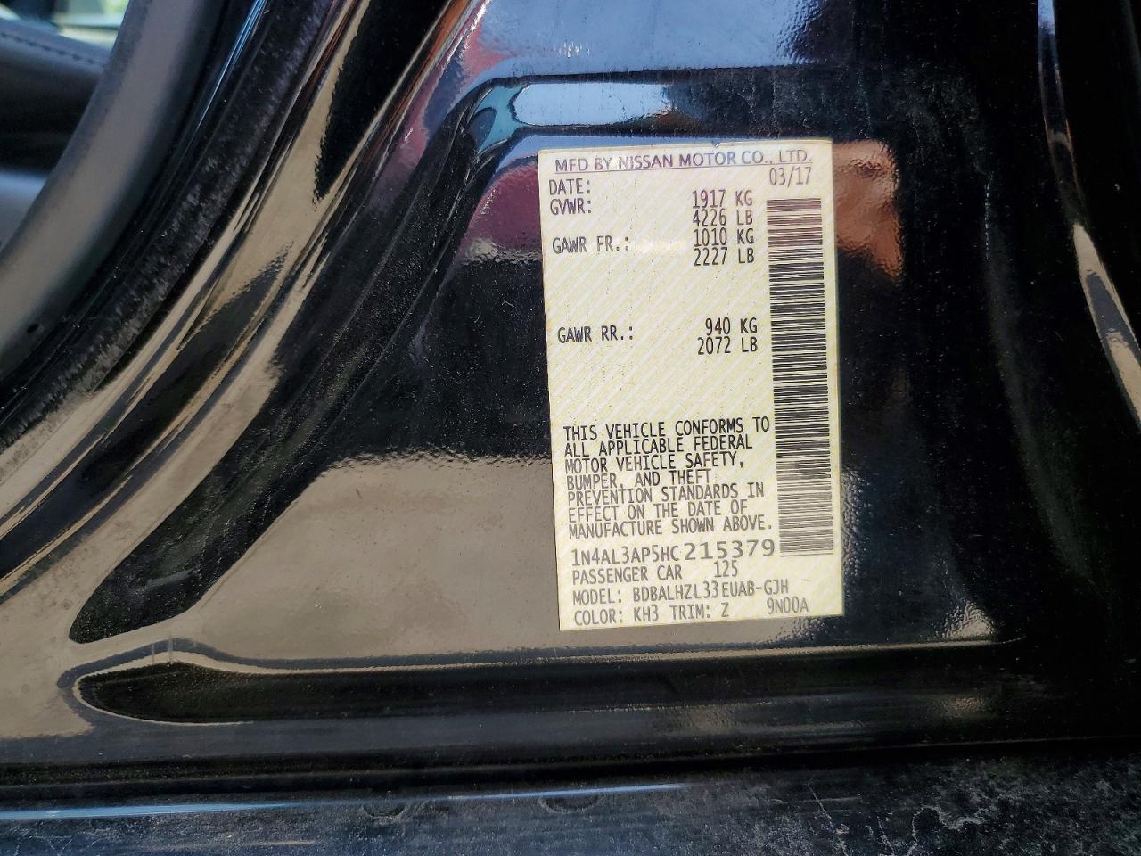 2017 Nissan Altima 2.5 Sr Black vin: 1N4AL3AP5HC215379