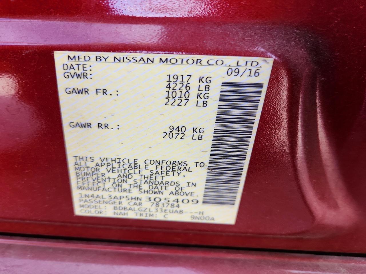 2017 Nissan Altima 2.5 S Red vin: 1N4AL3AP5HN305409