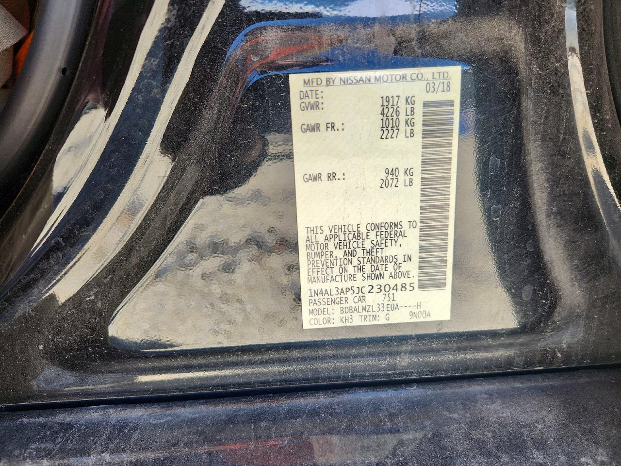 2018 Nissan Altima 2.5 Sv Black vin: 1N4AL3AP5JC230485