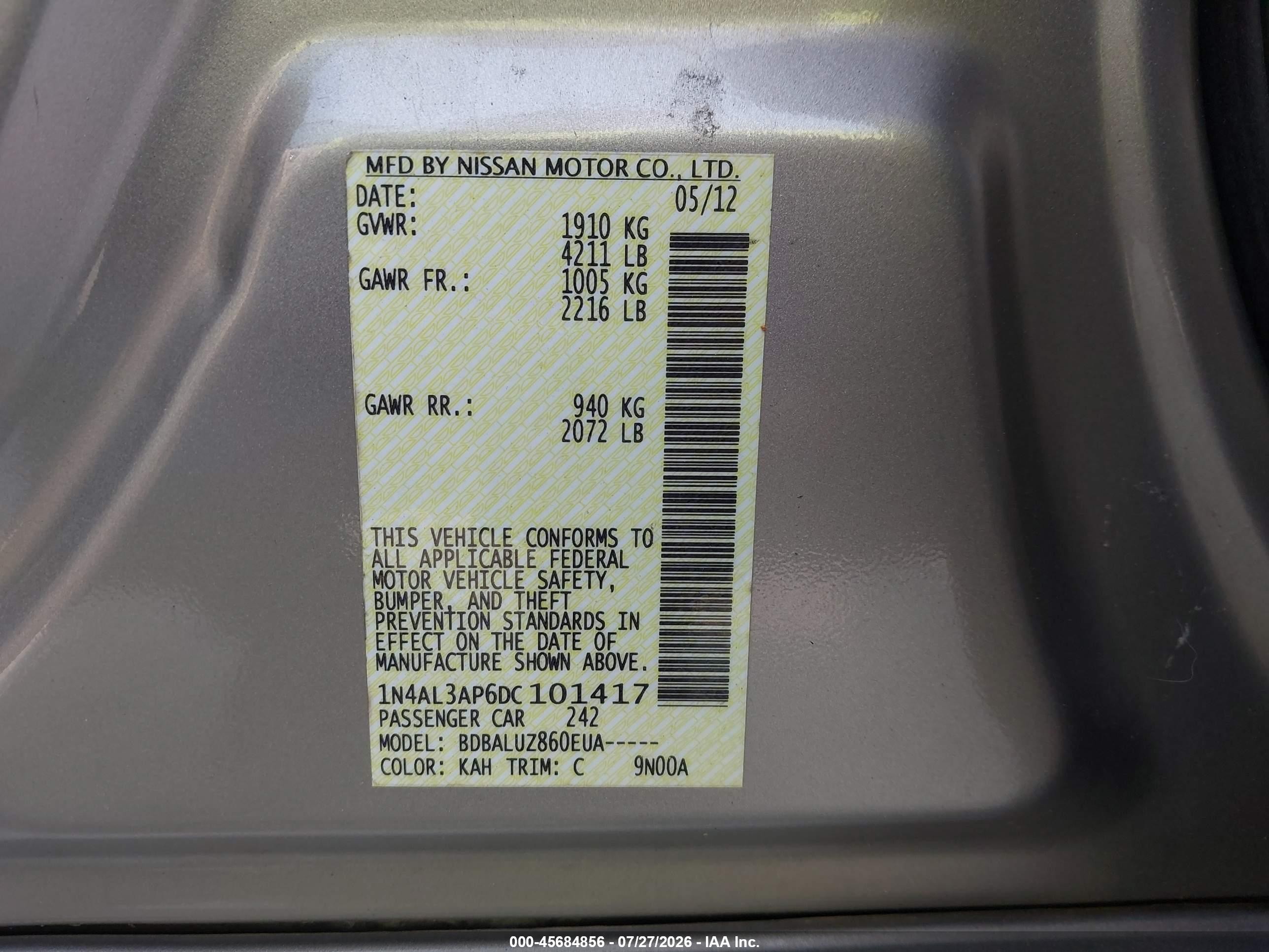 2013 Nissan Altima 2.5 Sv Gold vin: 1N4AL3AP6DC101417