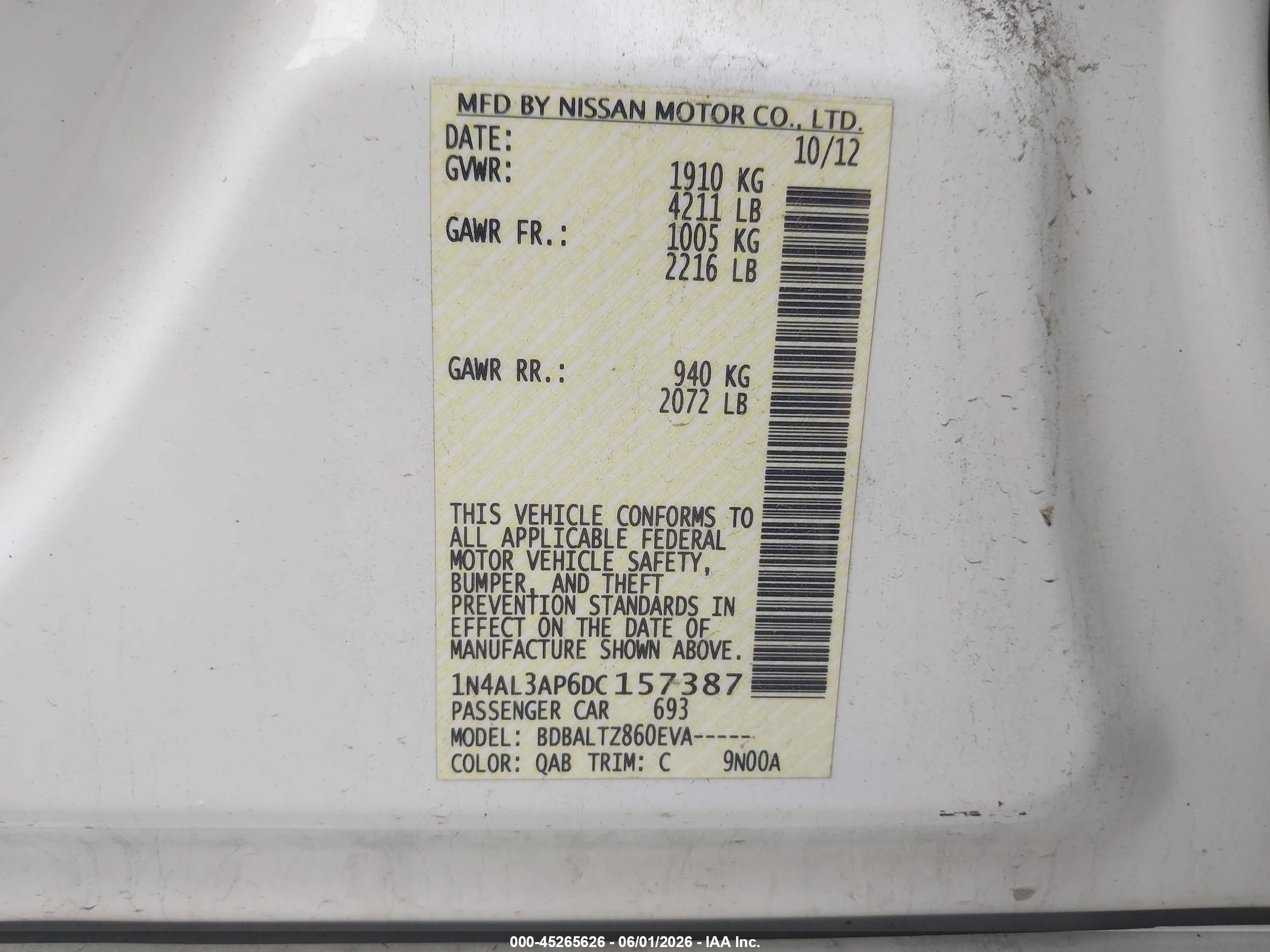 2013 Nissan Altima 2.5 Sv White vin: 1N4AL3AP6DC157387