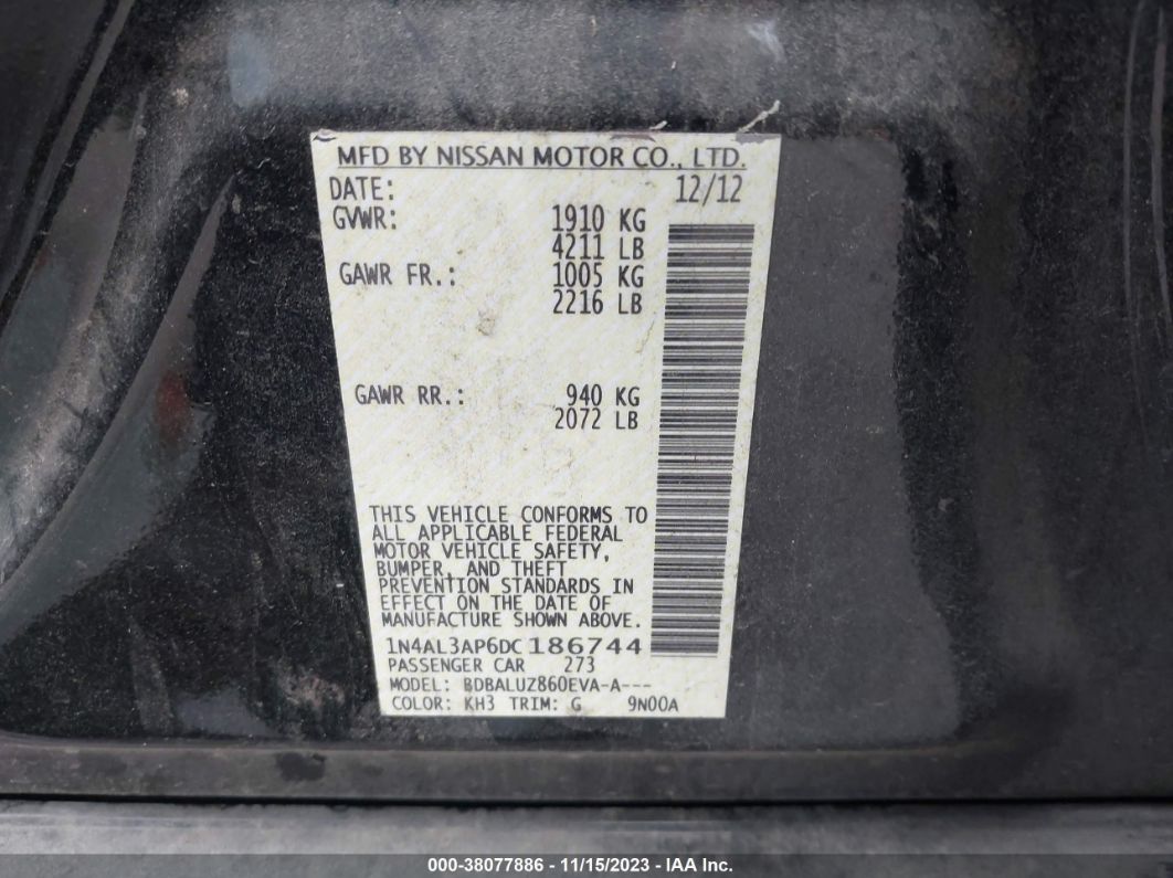 2013 Nissan Altima 2.5 Sv Black vin: 1N4AL3AP6DC186744