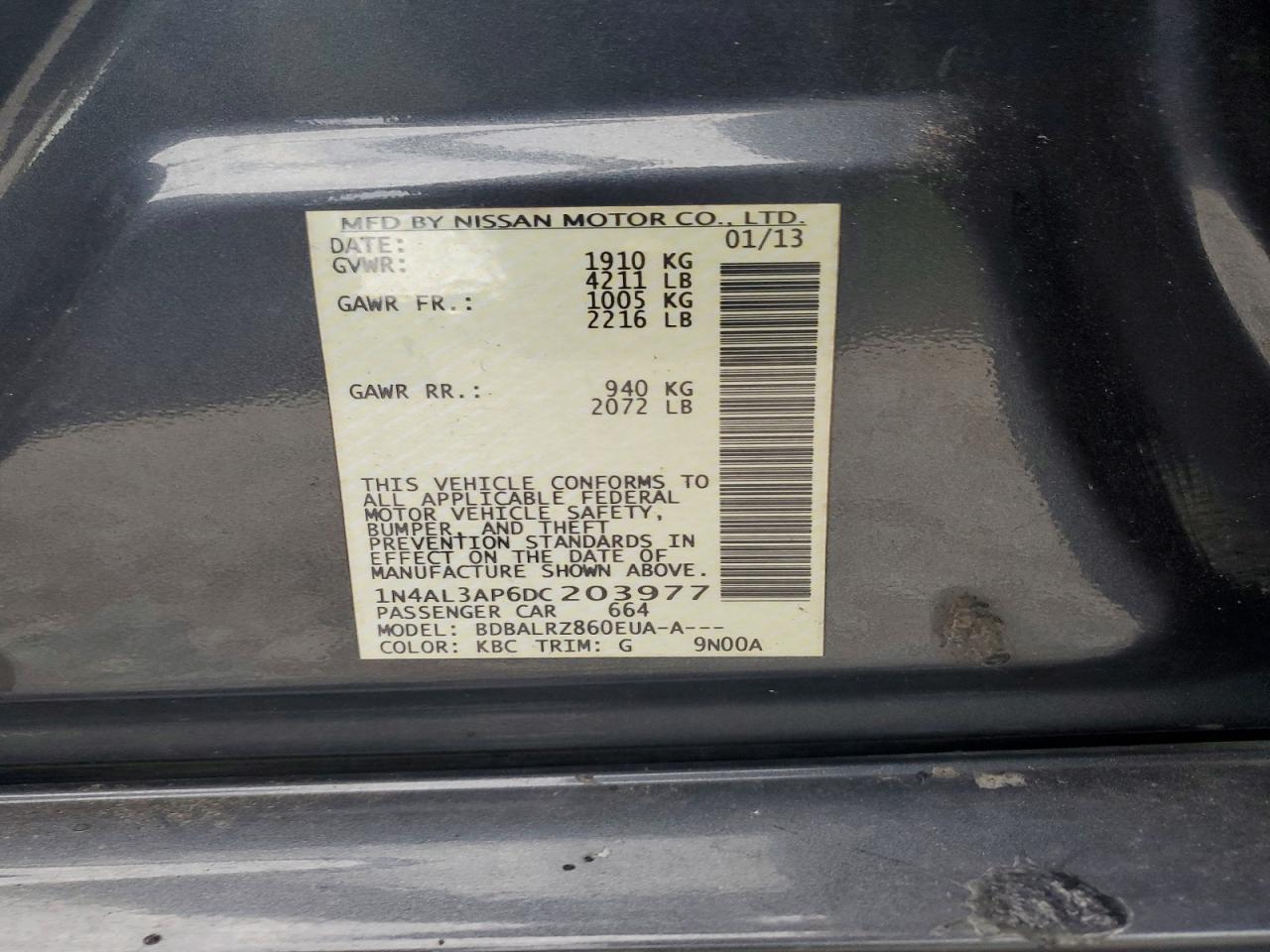 2013 Nissan Altima 2.5 Charcoal vin: 1N4AL3AP6DC203977
