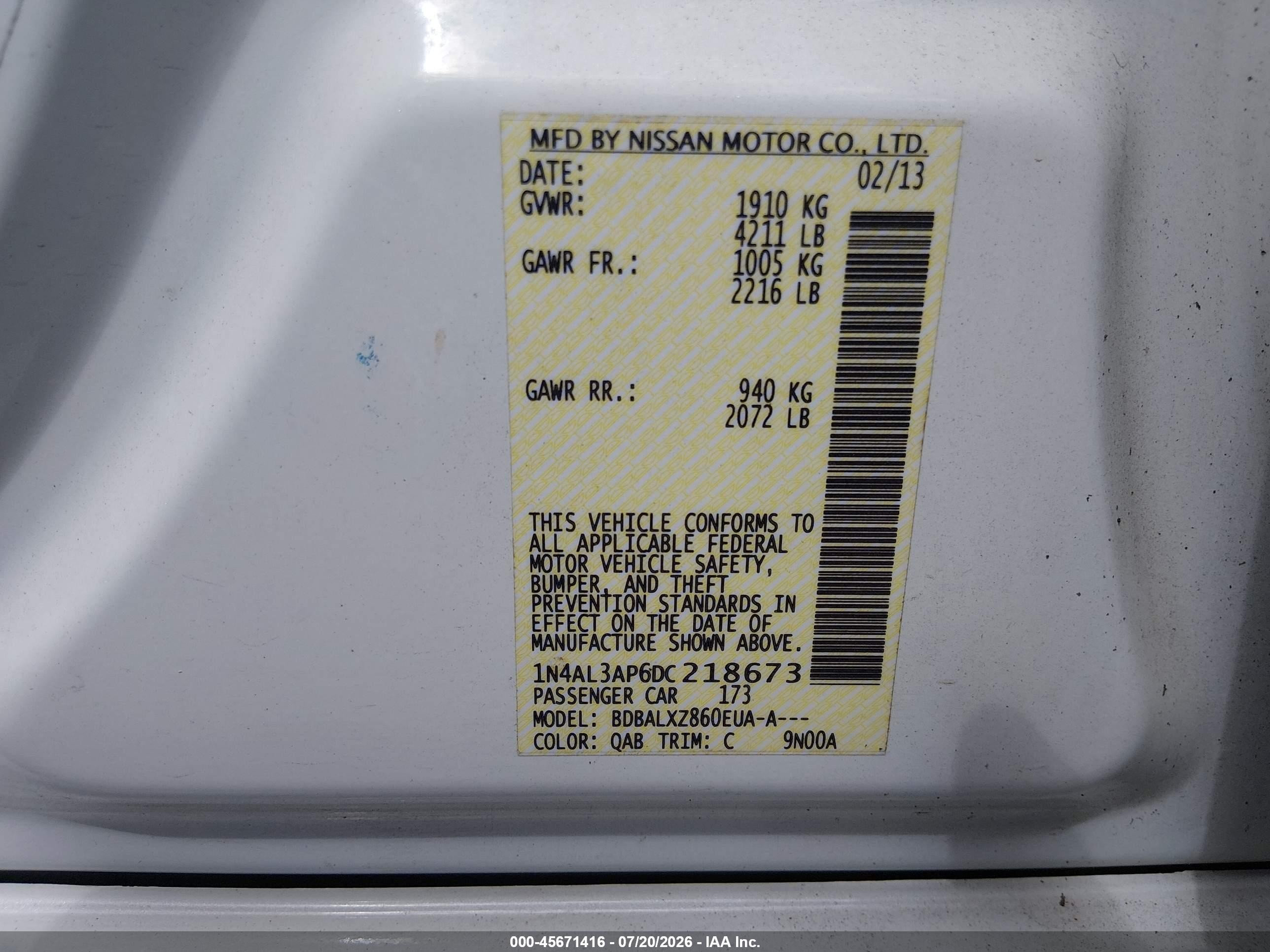 2013 Nissan Altima 2.5 Sl White vin: 1N4AL3AP6DC218673