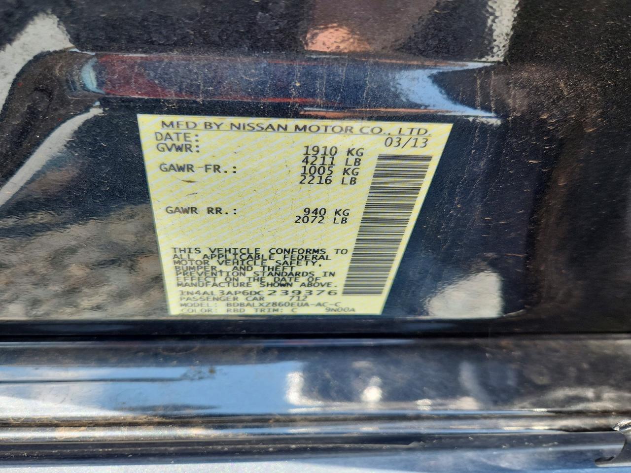 2013 Nissan Altima 2.5 Black vin: 1N4AL3AP6DC239376