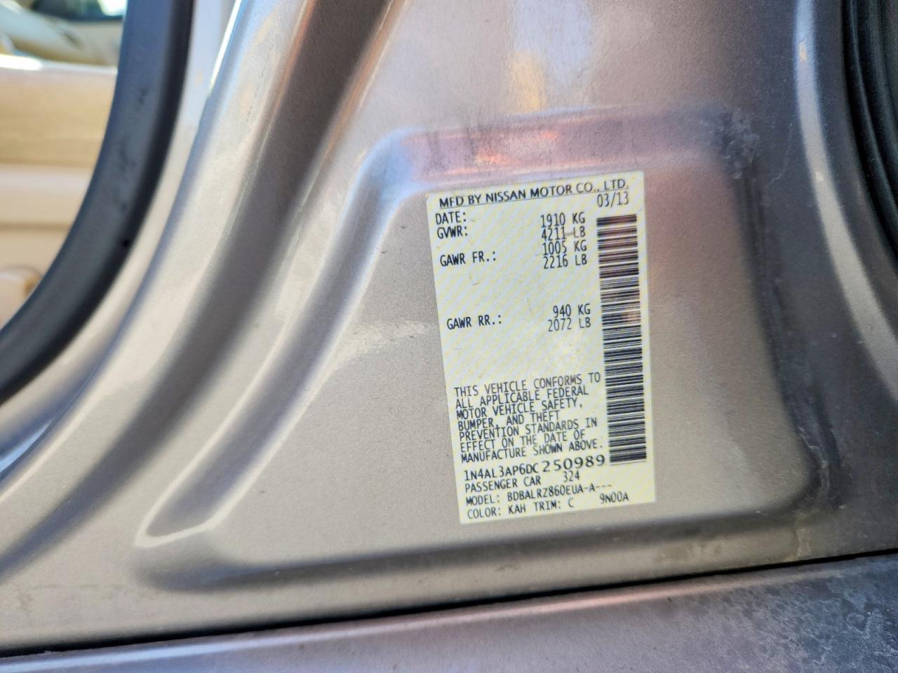 2013 Nissan Altima 2.5 Tan vin: 1N4AL3AP6DC250989
