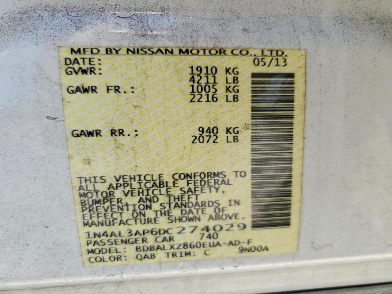 2013 Nissan Altima 2.5 White vin: 1N4AL3AP6DC274029