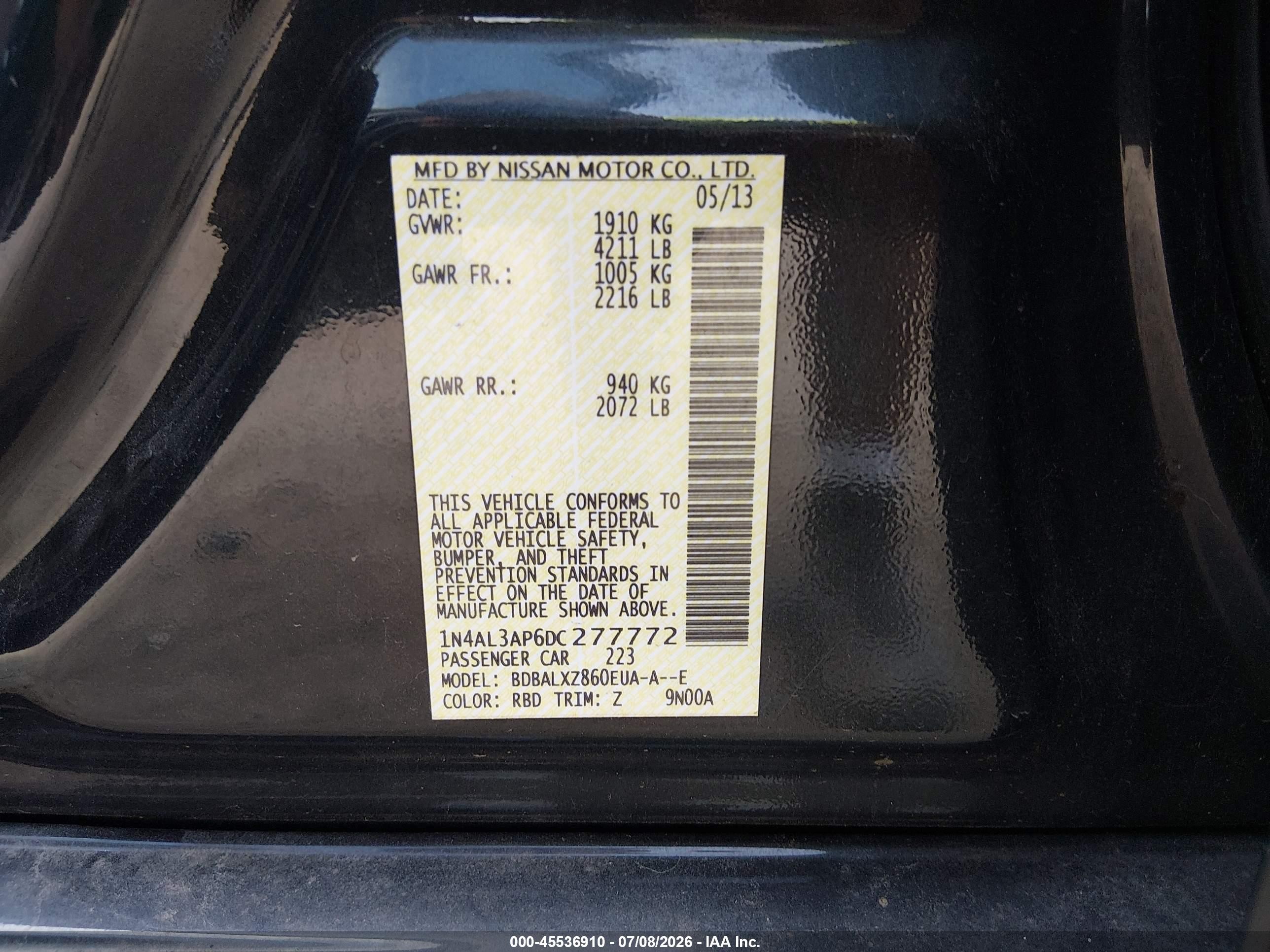 2013 Nissan Altima 2.5 Sl Blue vin: 1N4AL3AP6DC277772
