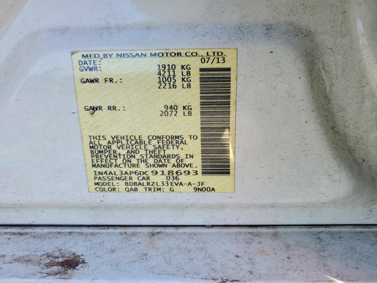 2013 Nissan Altima 2.5 White vin: 1N4AL3AP6DC918693