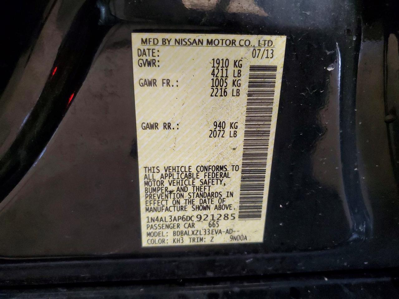 2013 Nissan Altima 2.5 Black vin: 1N4AL3AP6DC921285