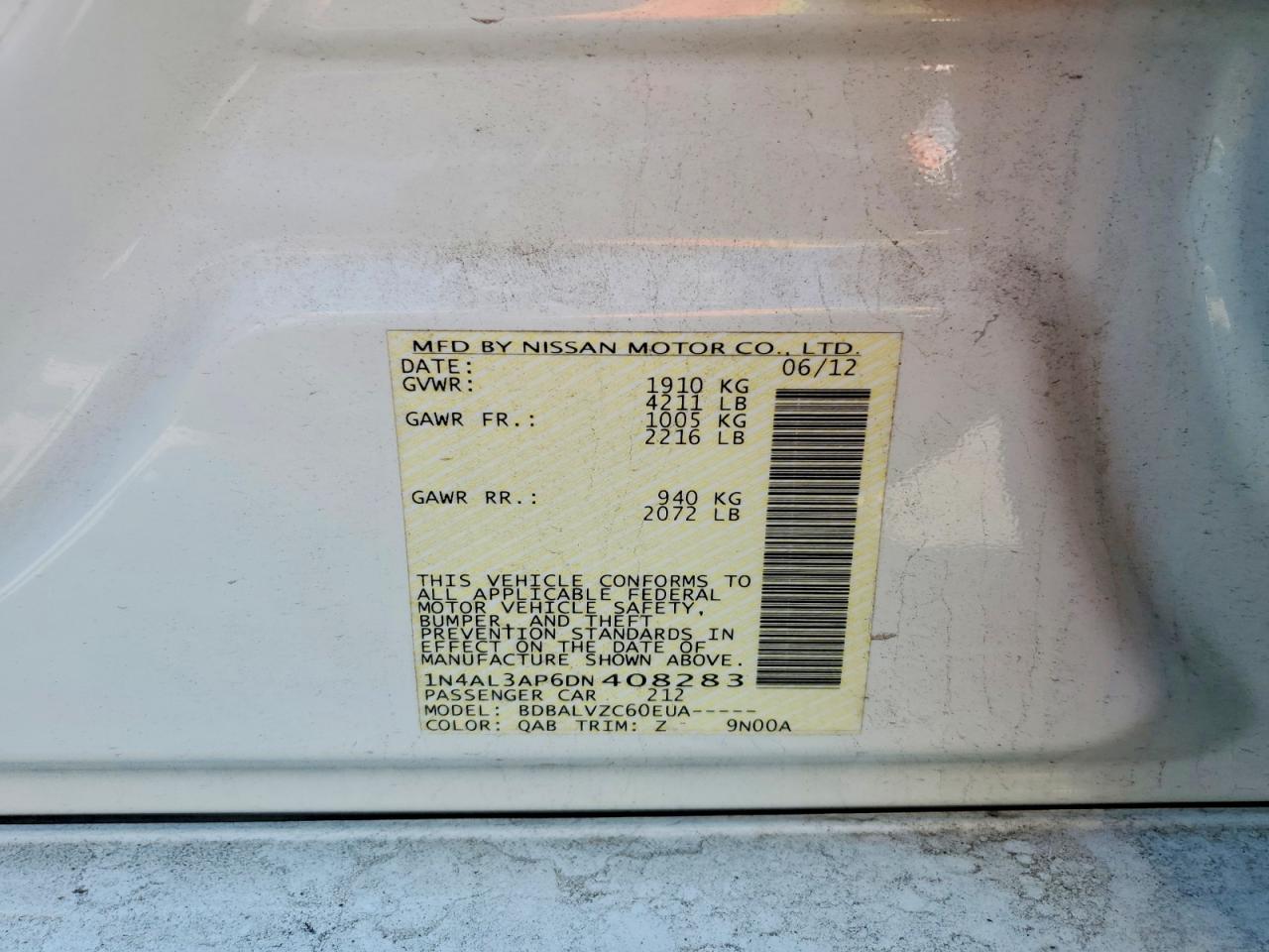 2013 Nissan Altima 2.5 White vin: 1N4AL3AP6DN408283