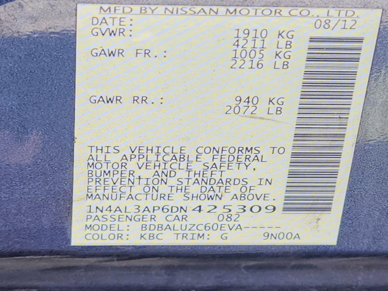 2013 Nissan Altima 2.5 Угольный vin: 1N4AL3AP6DN425309
