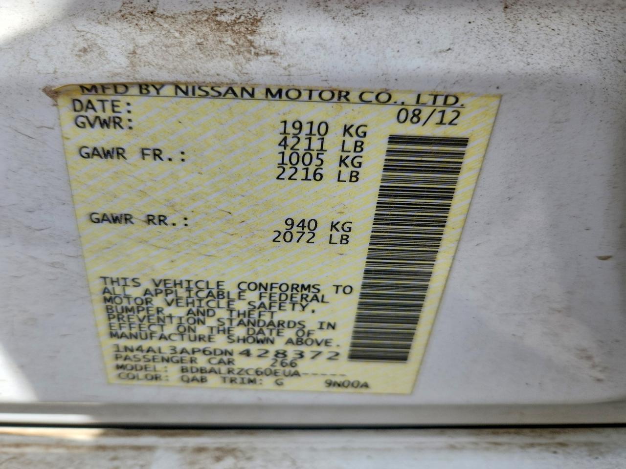 2013 Nissan Altima 2.5 White vin: 1N4AL3AP6DN428372