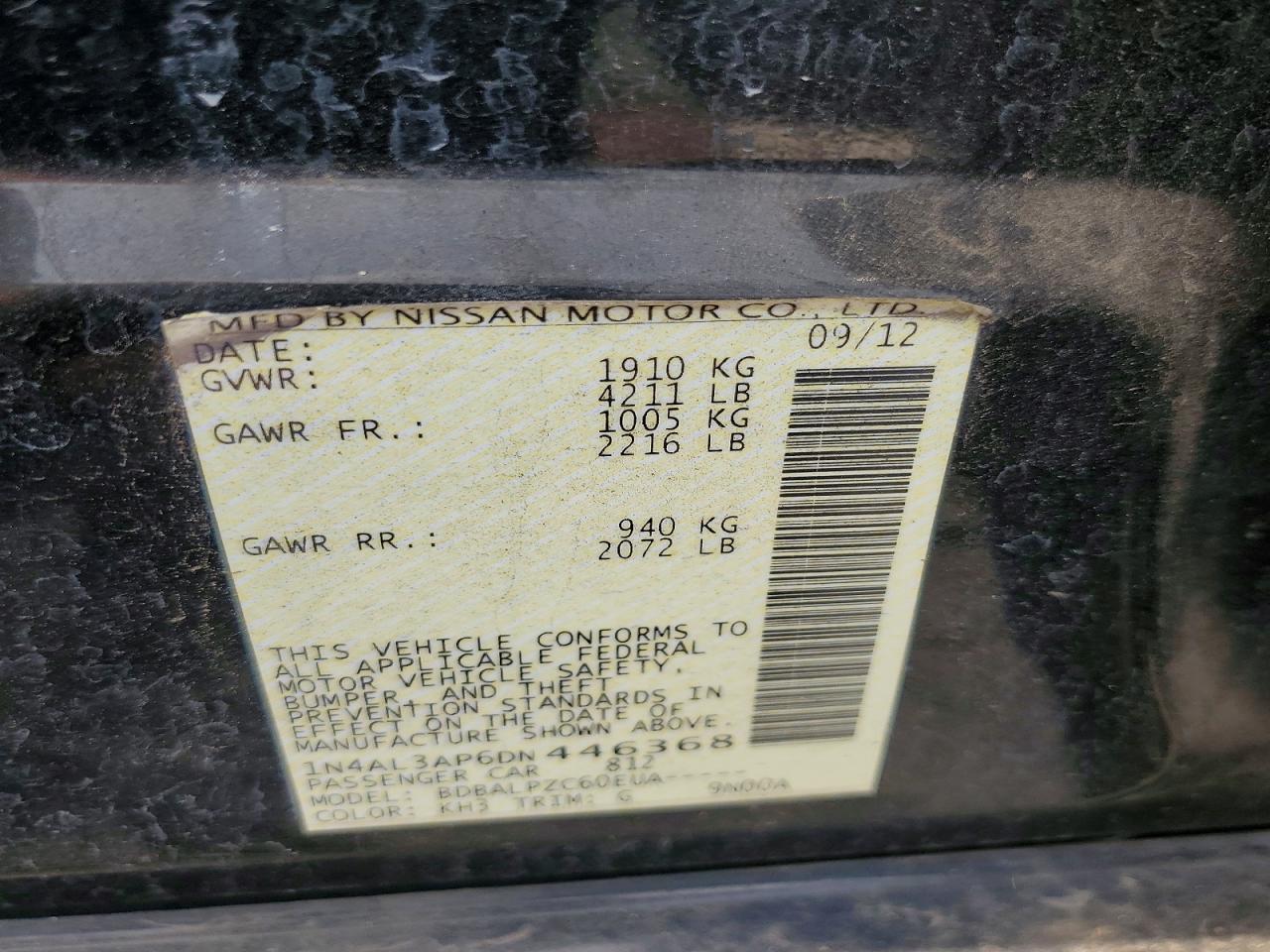 2013 Nissan Altima 2.5 Black vin: 1N4AL3AP6DN446368