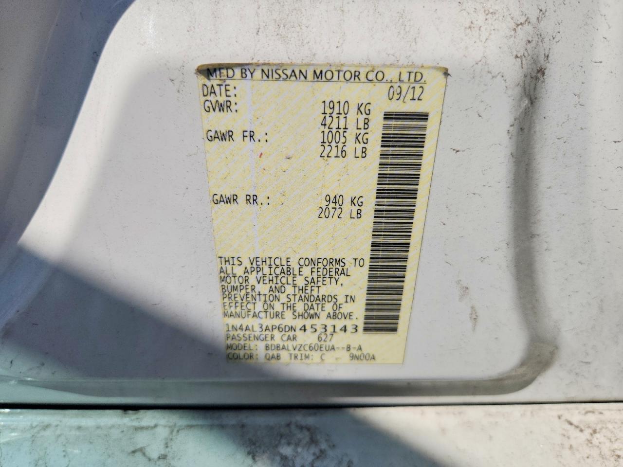 2013 Nissan Altima 2.5 White vin: 1N4AL3AP6DN453143