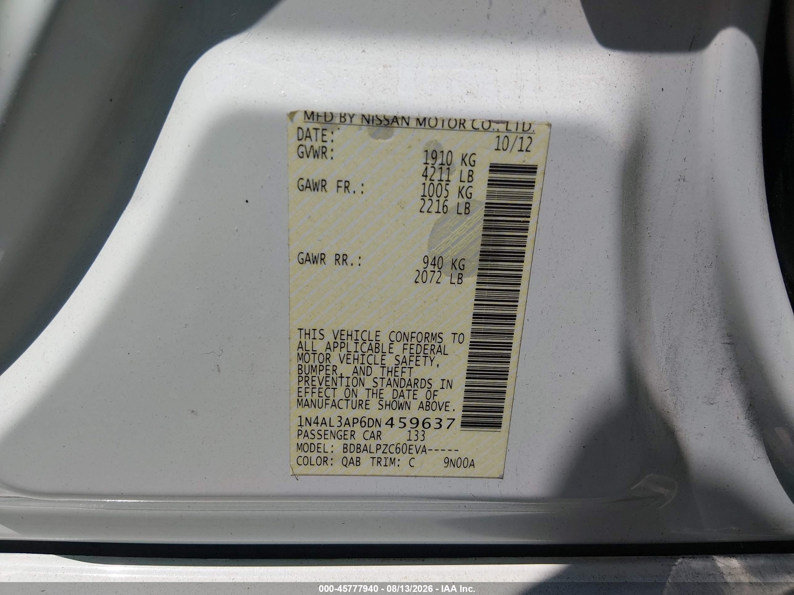 2013 Nissan Altima 2.5 White vin: 1N4AL3AP6DN459637