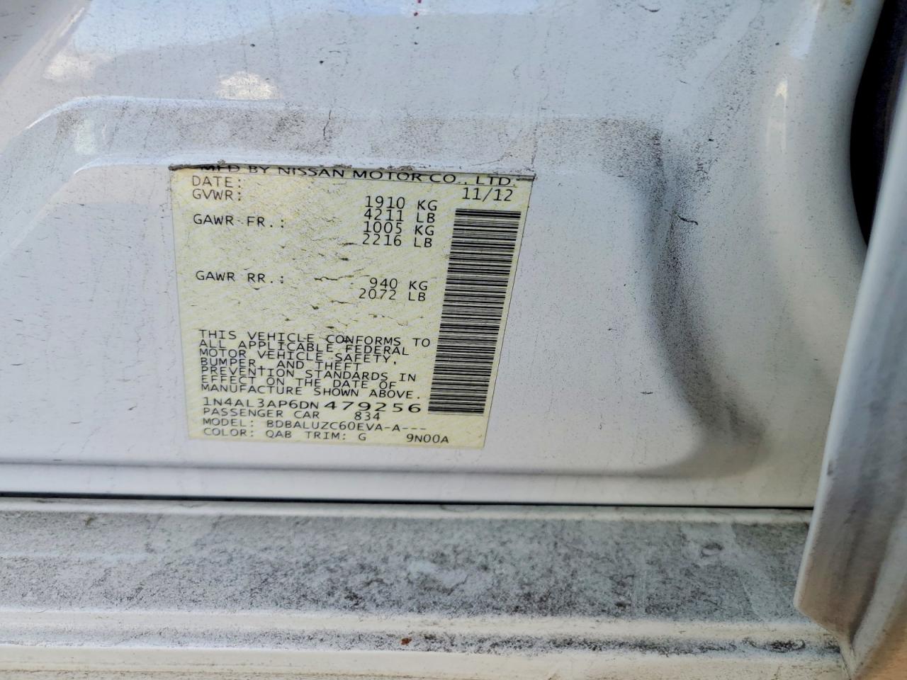 2013 Nissan Altima 2.5 White vin: 1N4AL3AP6DN479256