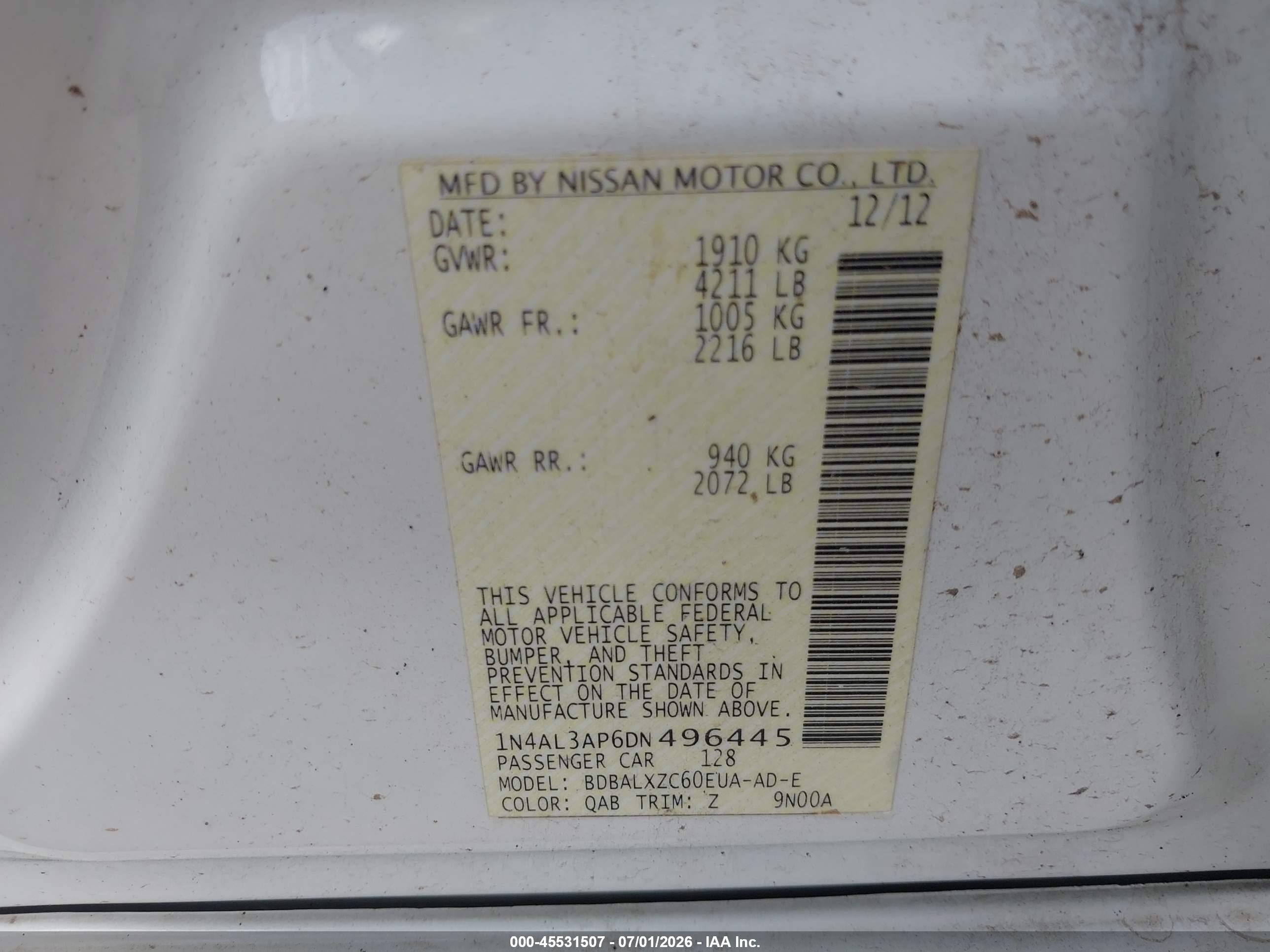 2013 Nissan Altima 2.5 Sl White vin: 1N4AL3AP6DN496445