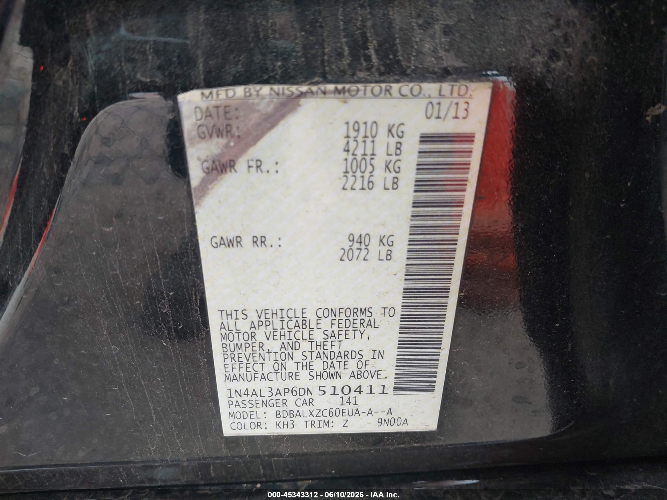 2013 Nissan Altima 2.5 Sl Черный vin: 1N4AL3AP6DN510411