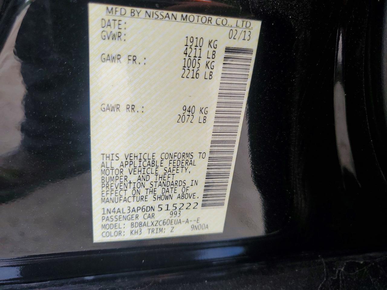 2013 Nissan Altima 2.5 Black vin: 1N4AL3AP6DN515222