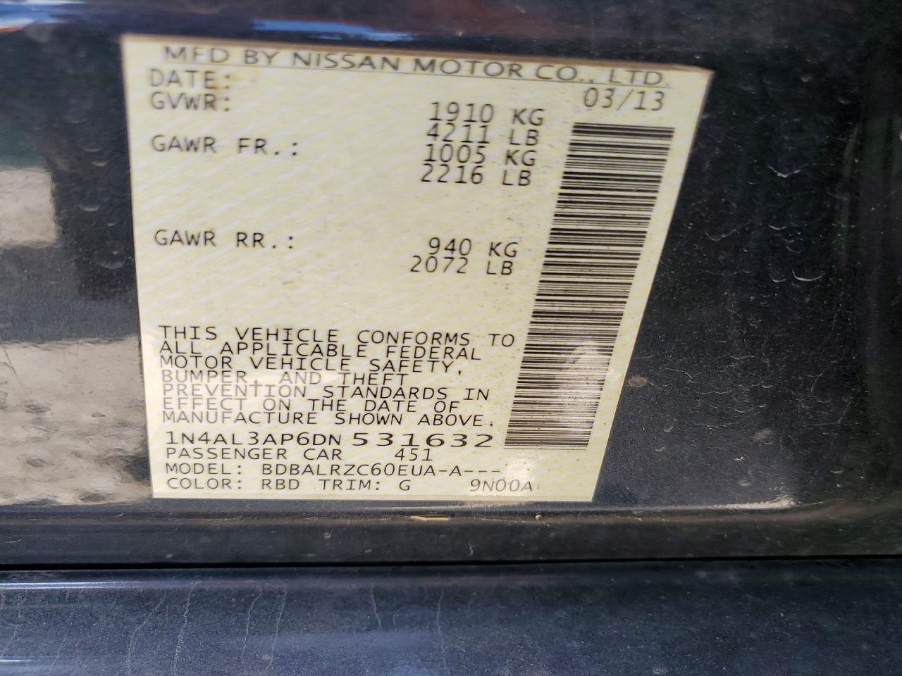 2013 Nissan Altima 2.5 Угольный vin: 1N4AL3AP6DN531632