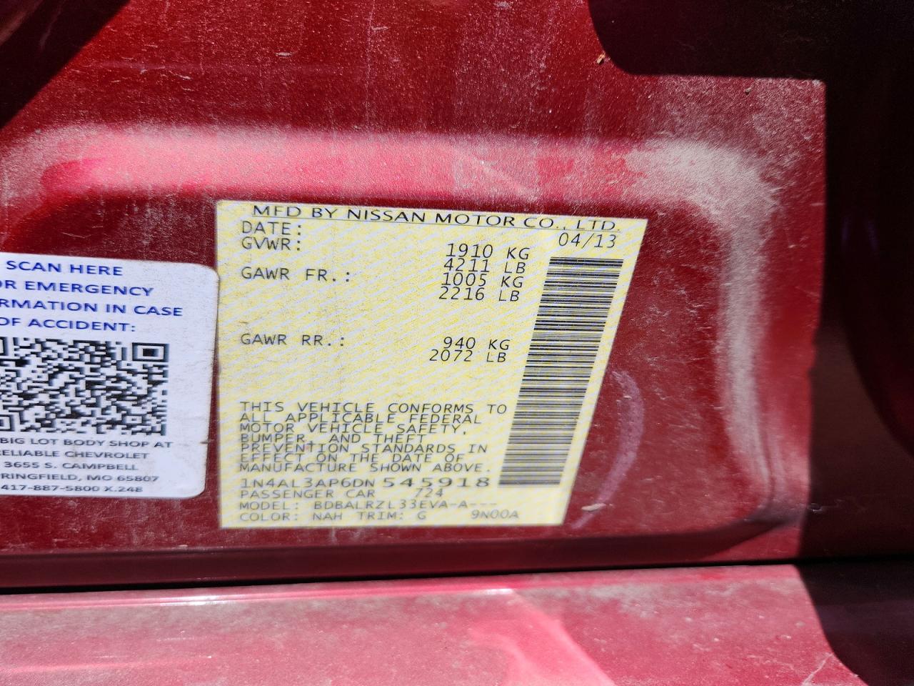 2013 Nissan Altima 2.5 Red vin: 1N4AL3AP6DN545918