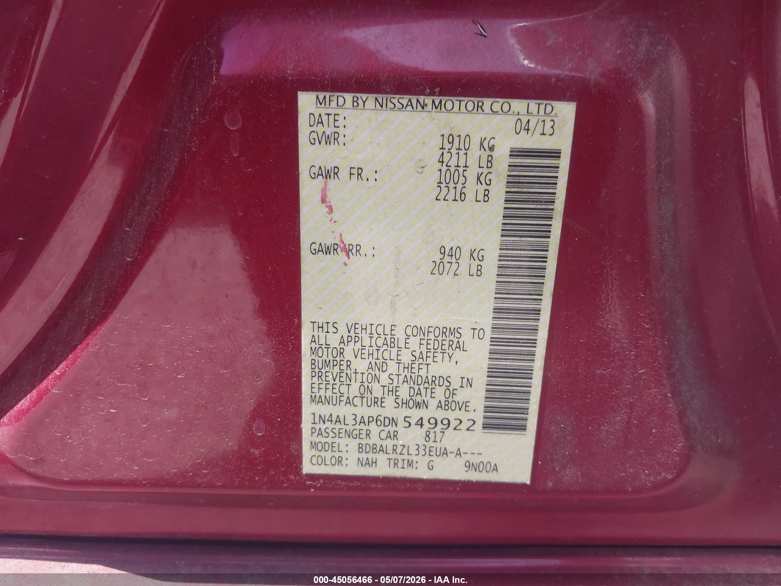 2013 Nissan Altima 2.5 S Burgundy vin: 1N4AL3AP6DN549922