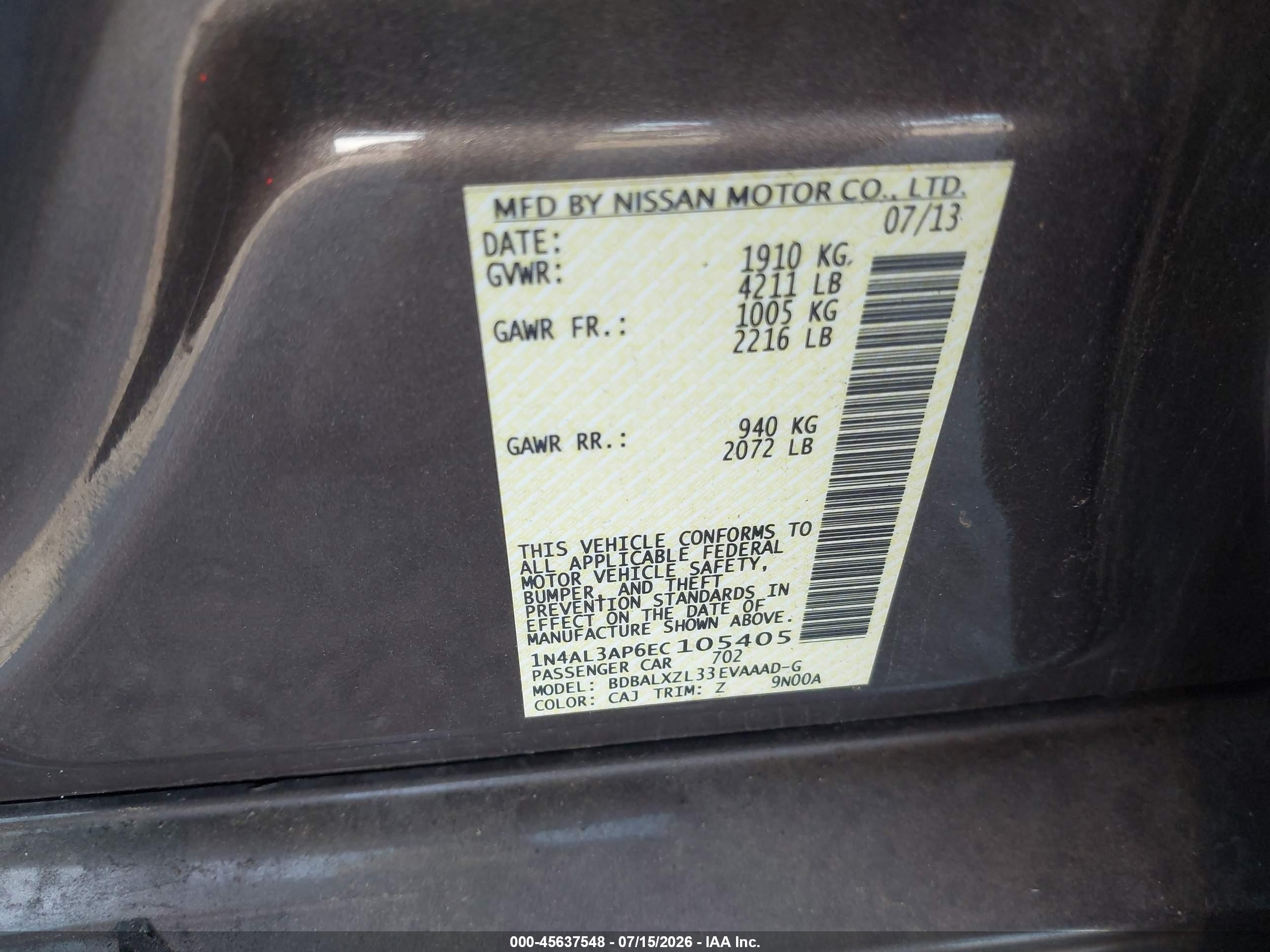 2014 Nissan Altima 2.5 Sl Gray vin: 1N4AL3AP6EC105405