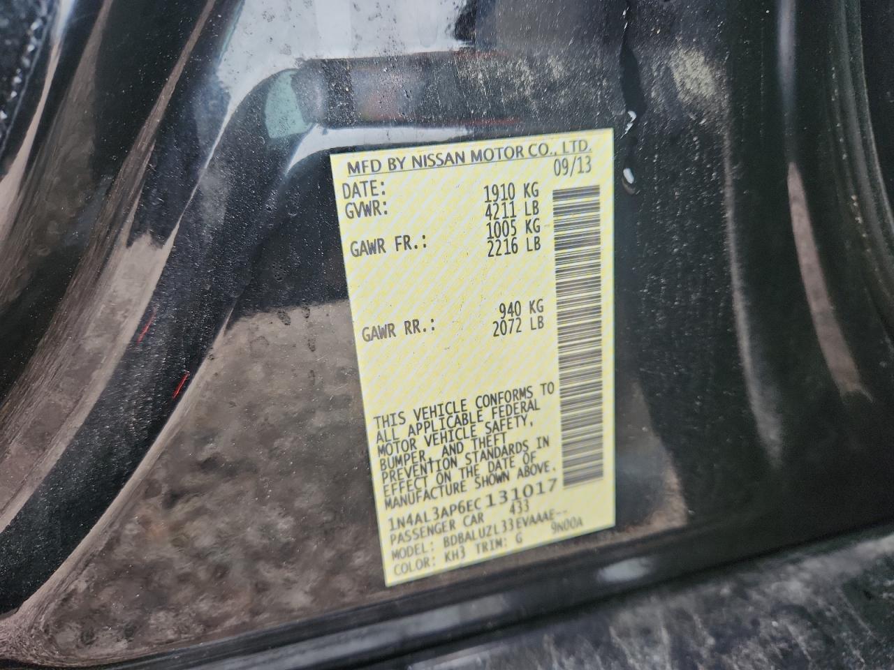 2014 Nissan Altima 2.5 Sv Black vin: 1N4AL3AP6EC131017