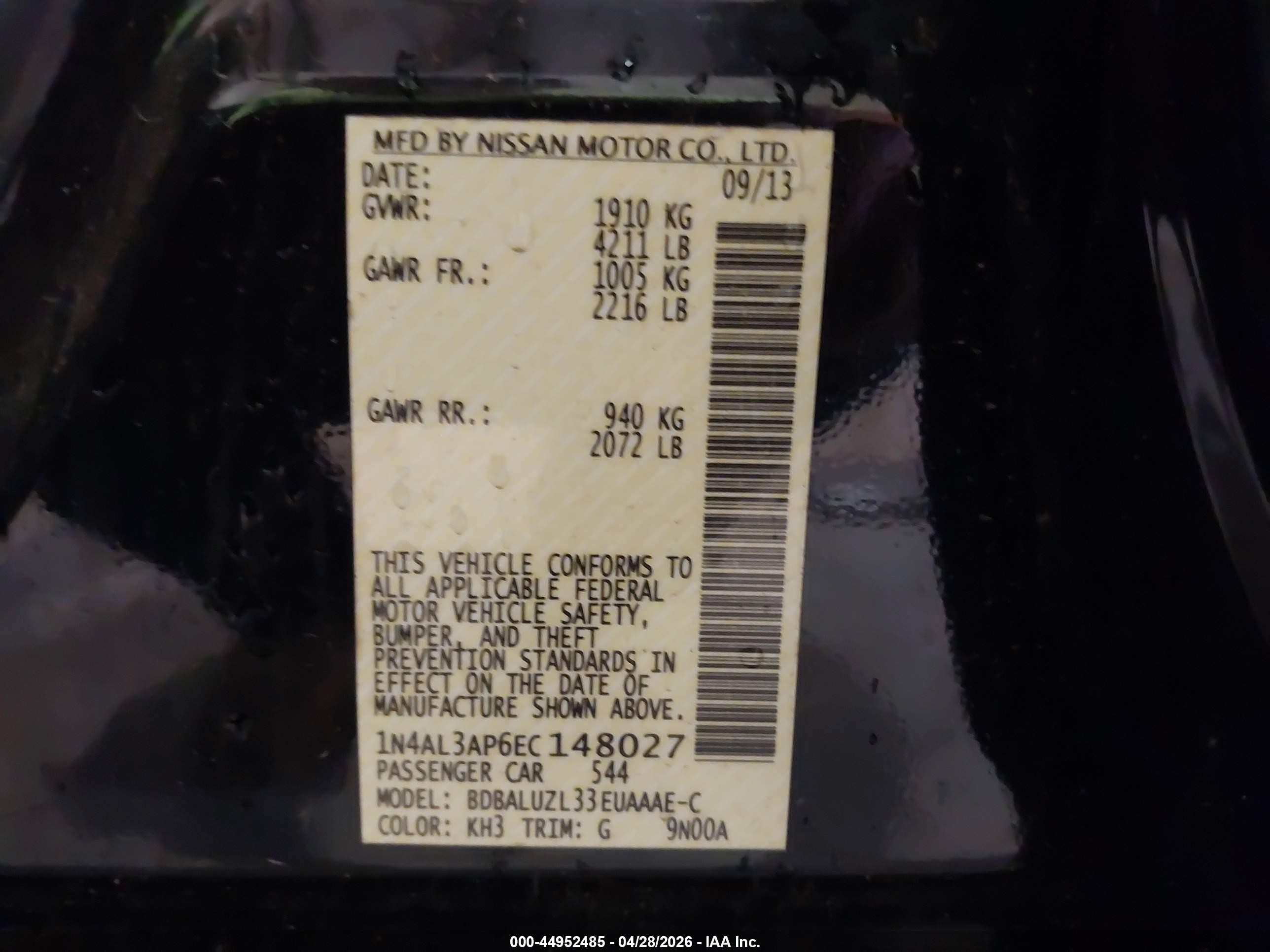 2014 Nissan Altima 2.5 Sv Black vin: 1N4AL3AP6EC148027