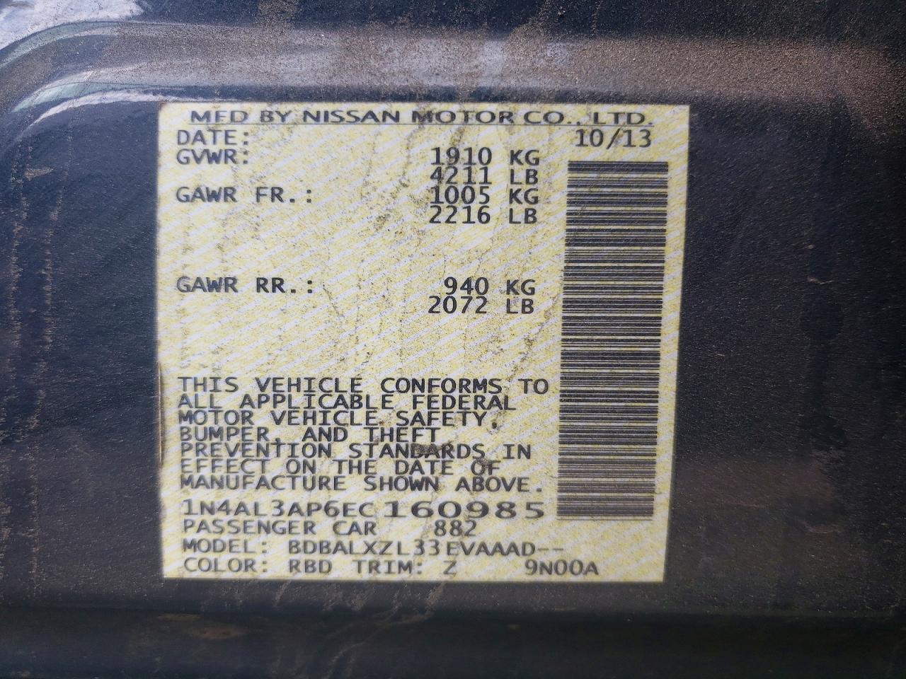 2014 Nissan Altima 2.5 Sl Black vin: 1N4AL3AP6EC160985