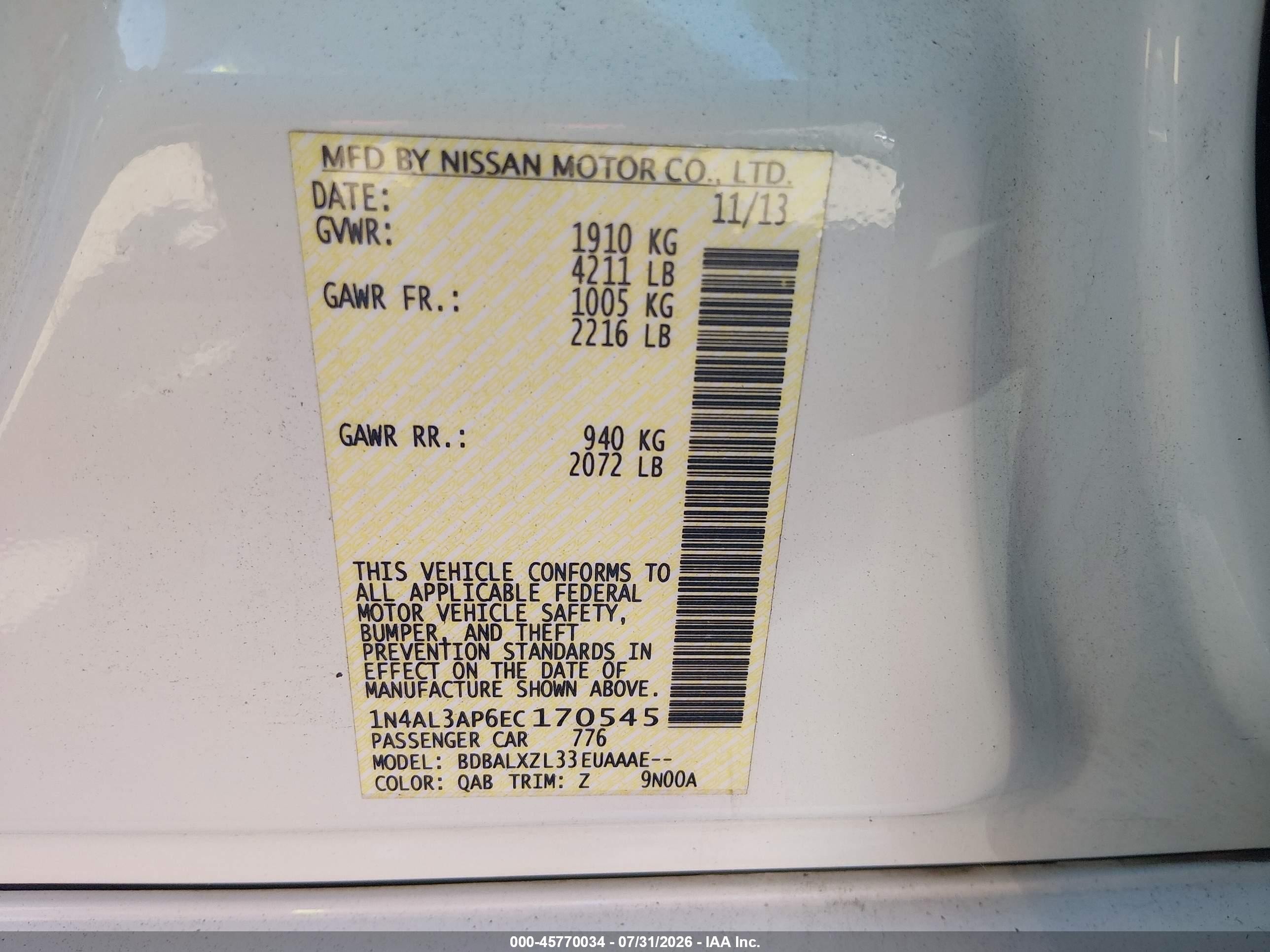 2014 Nissan Altima 2.5 Sl White vin: 1N4AL3AP6EC170545