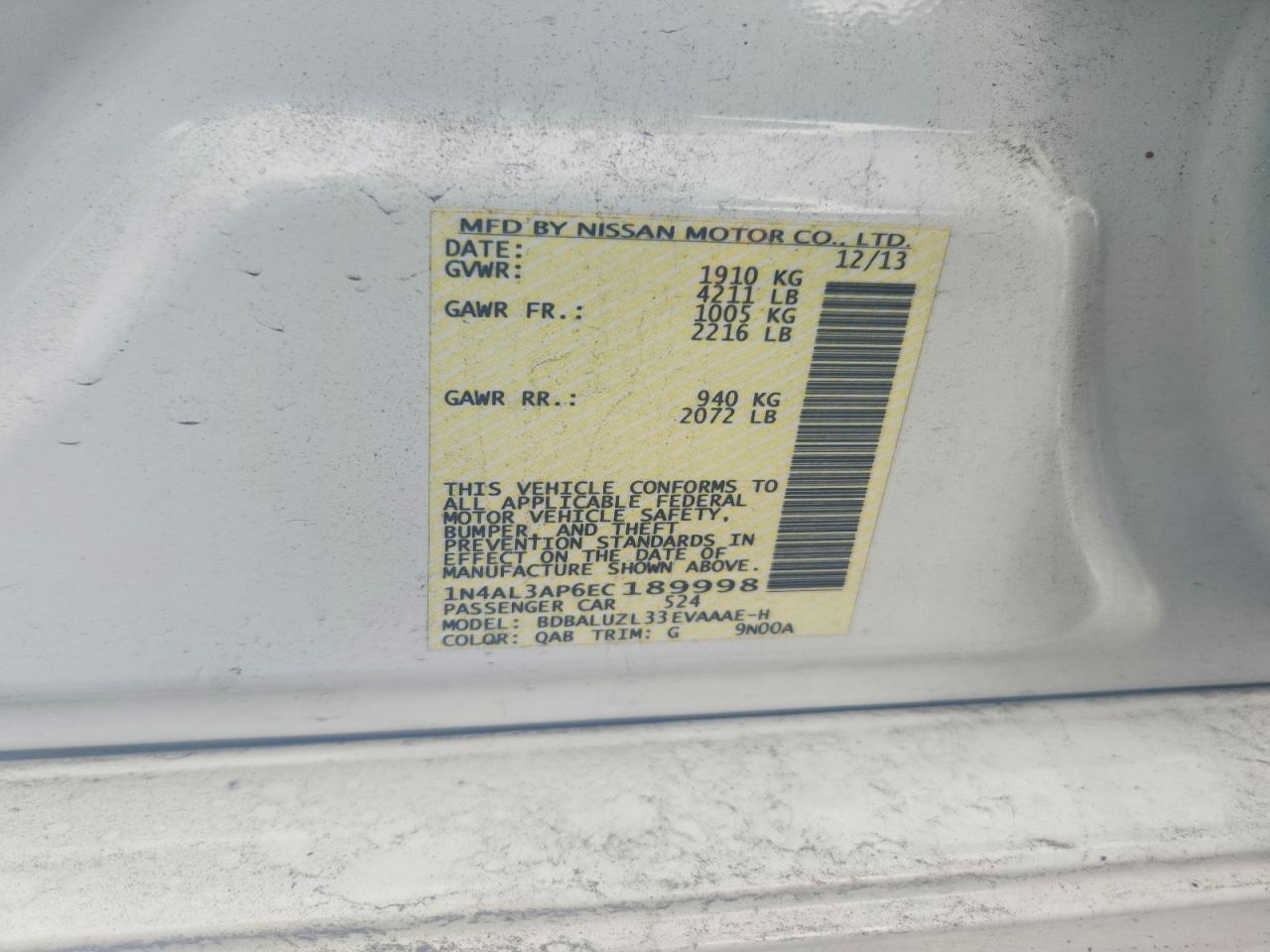 2014 Nissan Altima 2.5 Sv White vin: 1N4AL3AP6EC189998