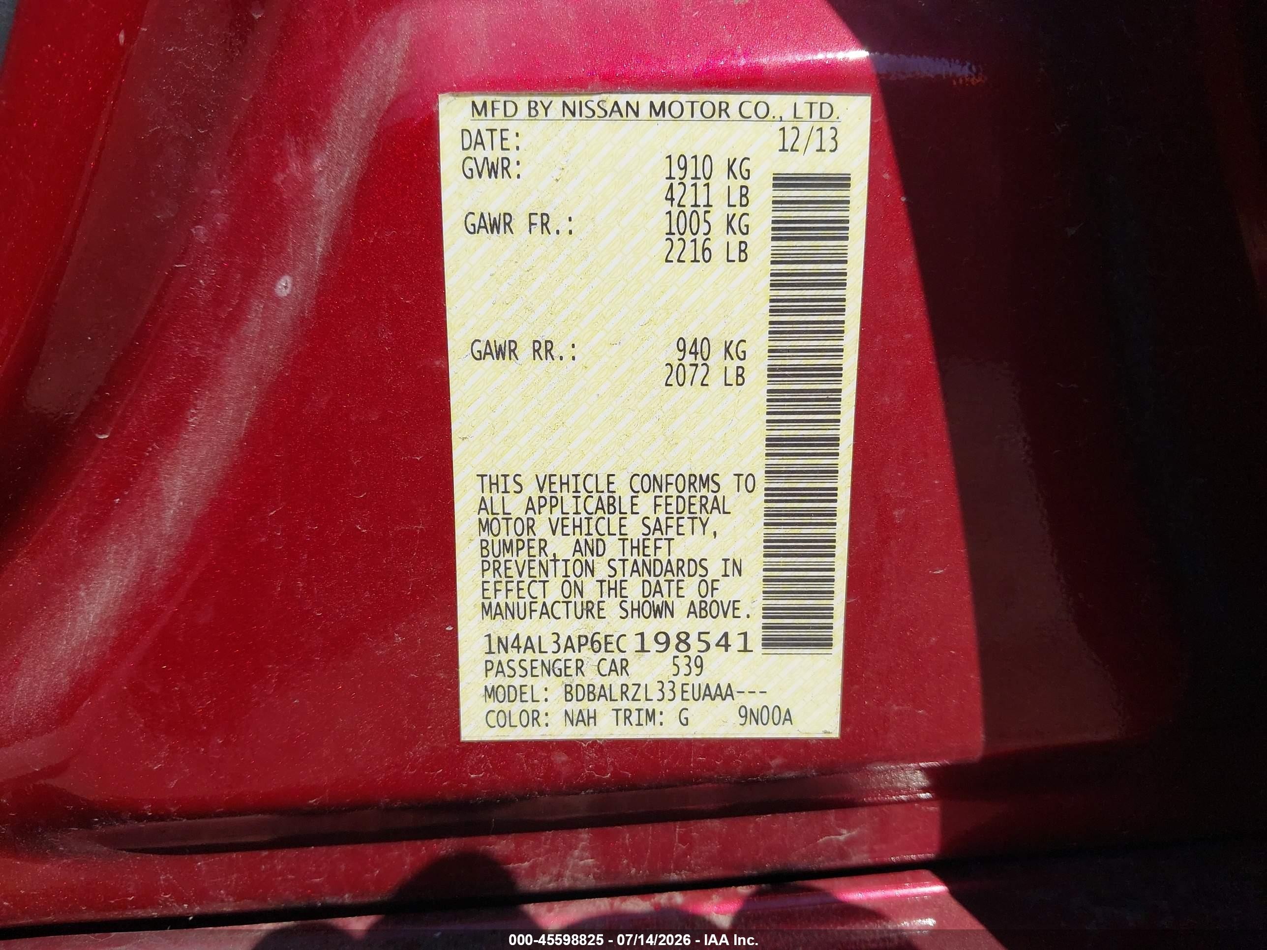 2014 Nissan Altima 2.5 S Красный vin: 1N4AL3AP6EC198541