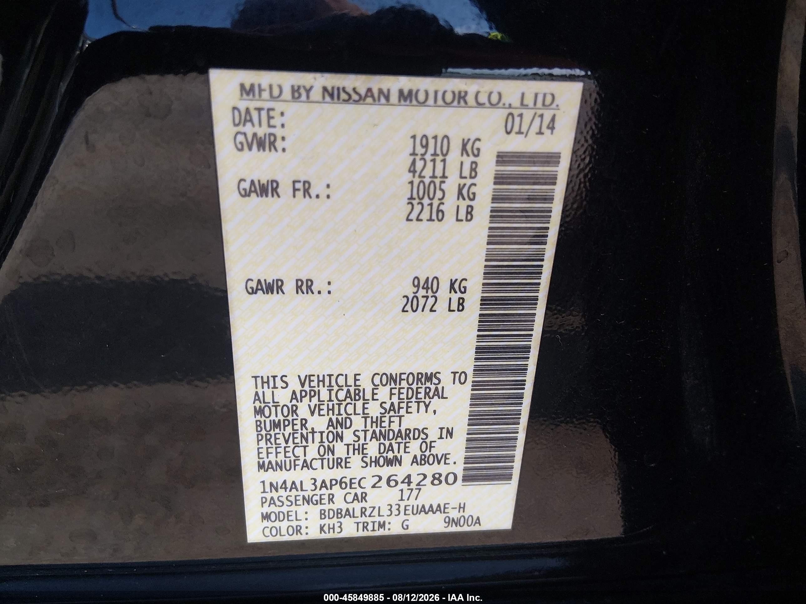 2014 Nissan Altima 2.5 S Black vin: 1N4AL3AP6EC264280