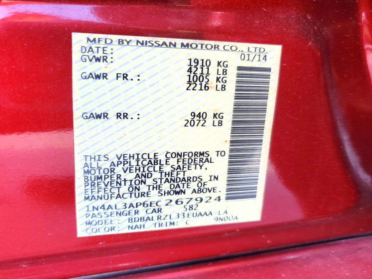 2014 Nissan Altima 2.5 S Red vin: 1N4AL3AP6EC267924