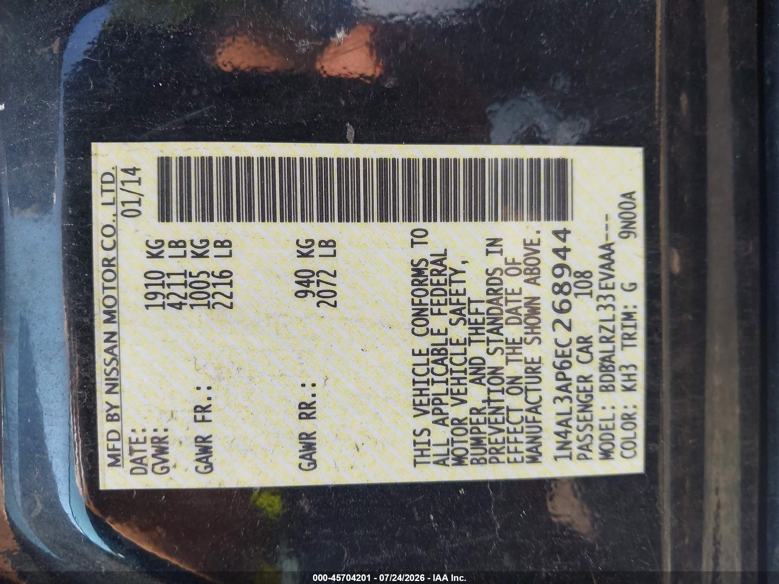 2014 Nissan Altima 2.5/2.5 S/2.5 Sl/2.5 Sv Black vin: 1N4AL3AP6EC268944