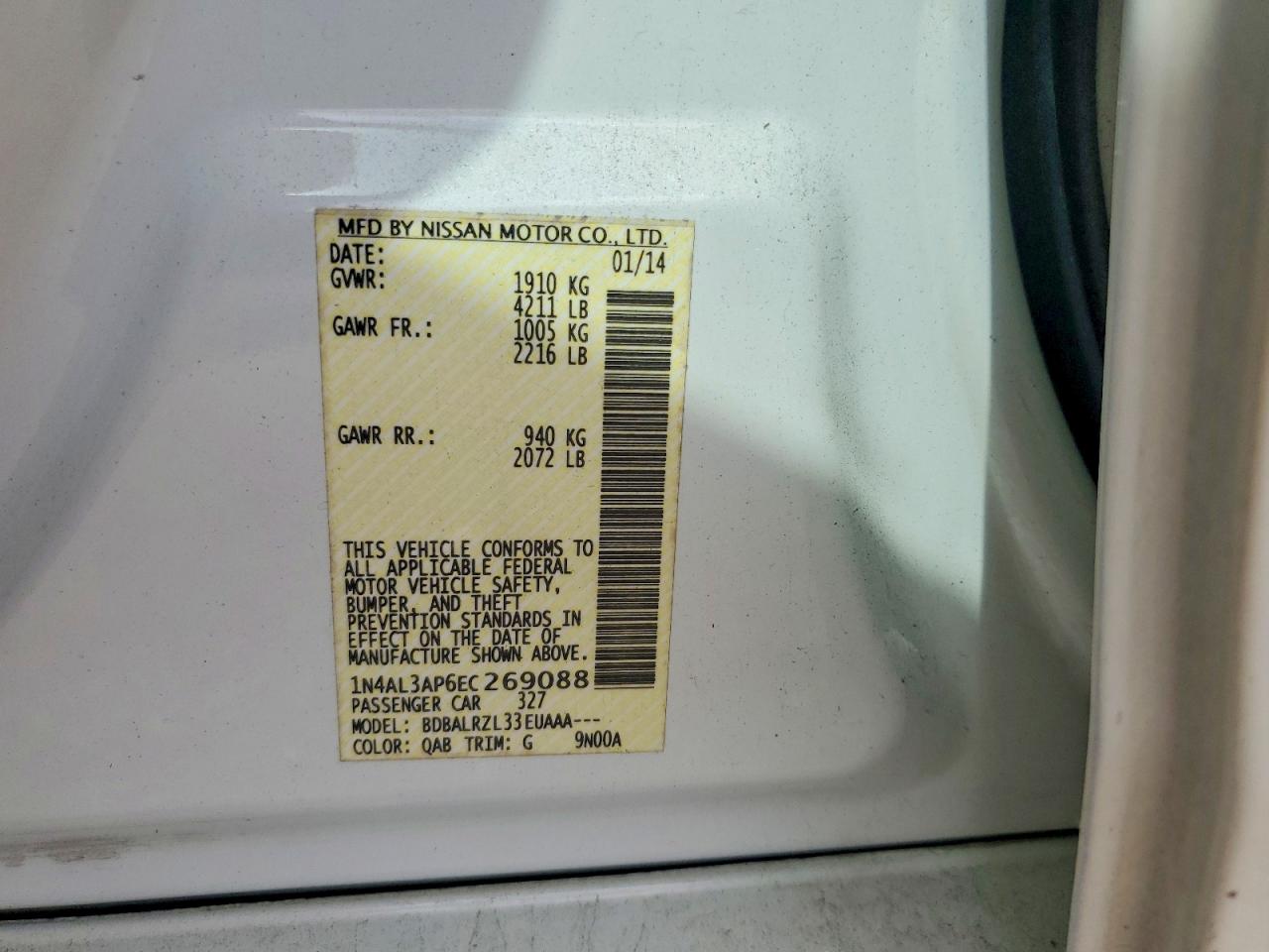 2014 Nissan Altima 2.5 S White vin: 1N4AL3AP6EC269088