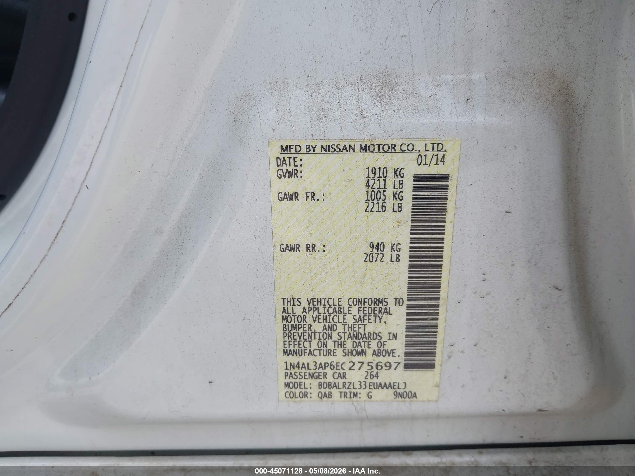 2014 Nissan Altima 2.5 S White vin: 1N4AL3AP6EC275697