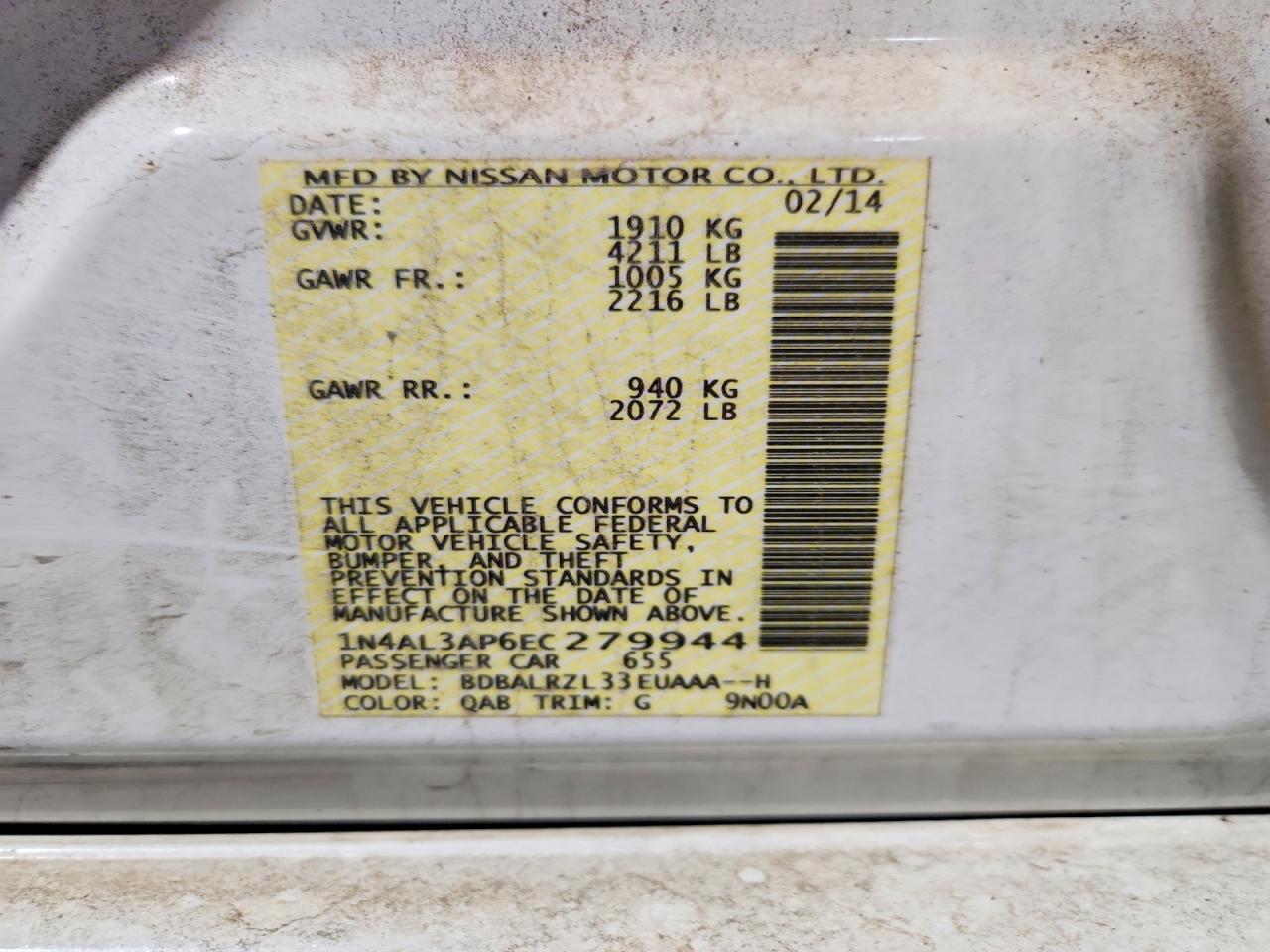 2014 Nissan Altima 2.5 S White vin: 1N4AL3AP6EC279944