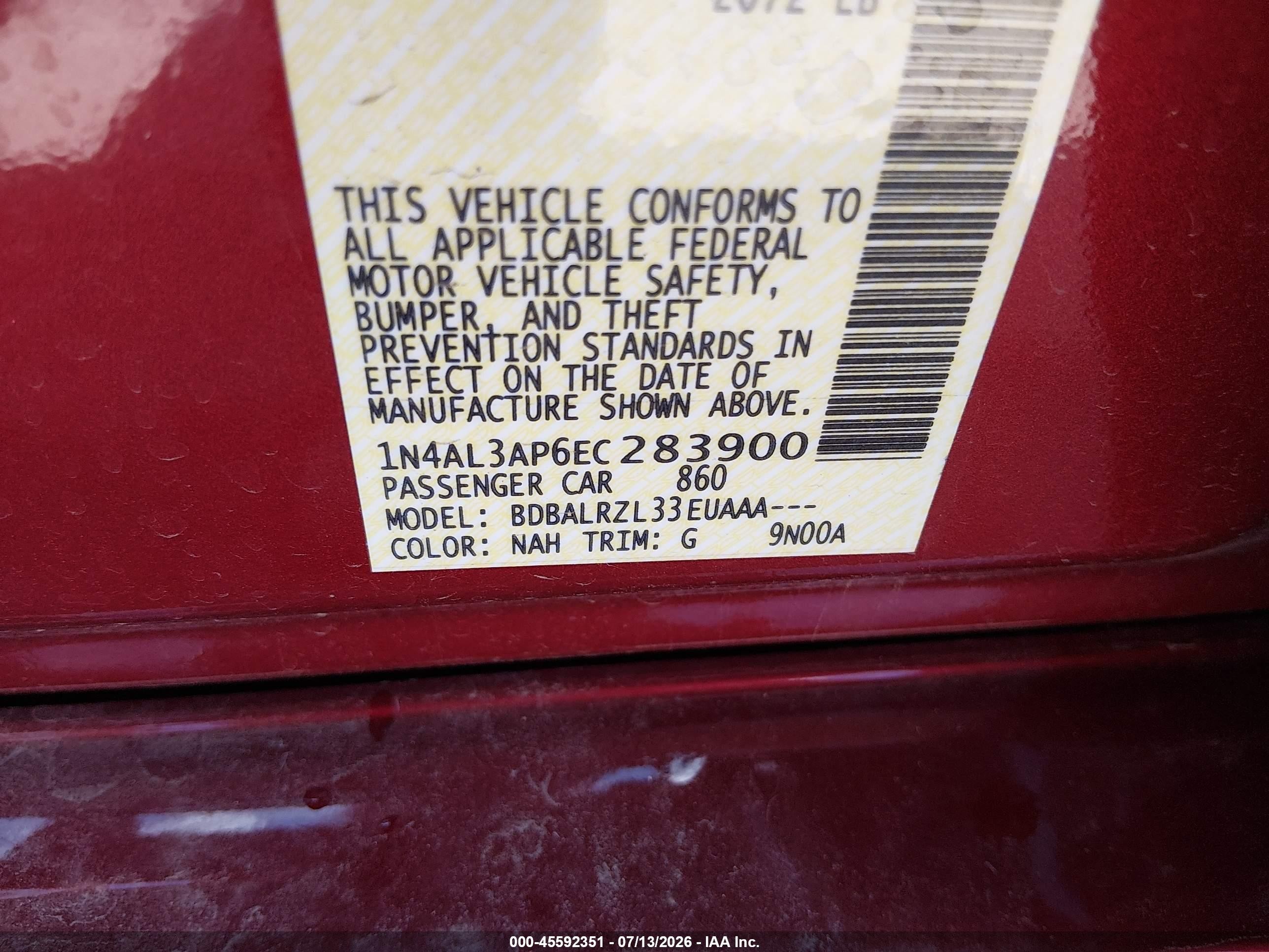 2014 Nissan Altima 2.5/2.5 S/2.5 Sl/2.5 Sv Red vin: 1N4AL3AP6EC283900