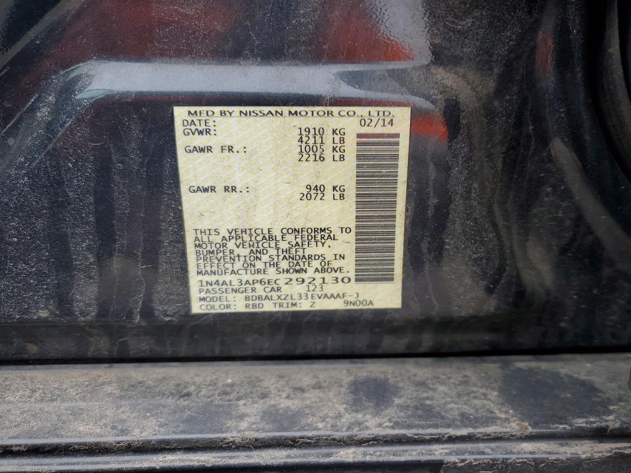 2014 Nissan Altima Черный vin: 1N4AL3AP6EC292130