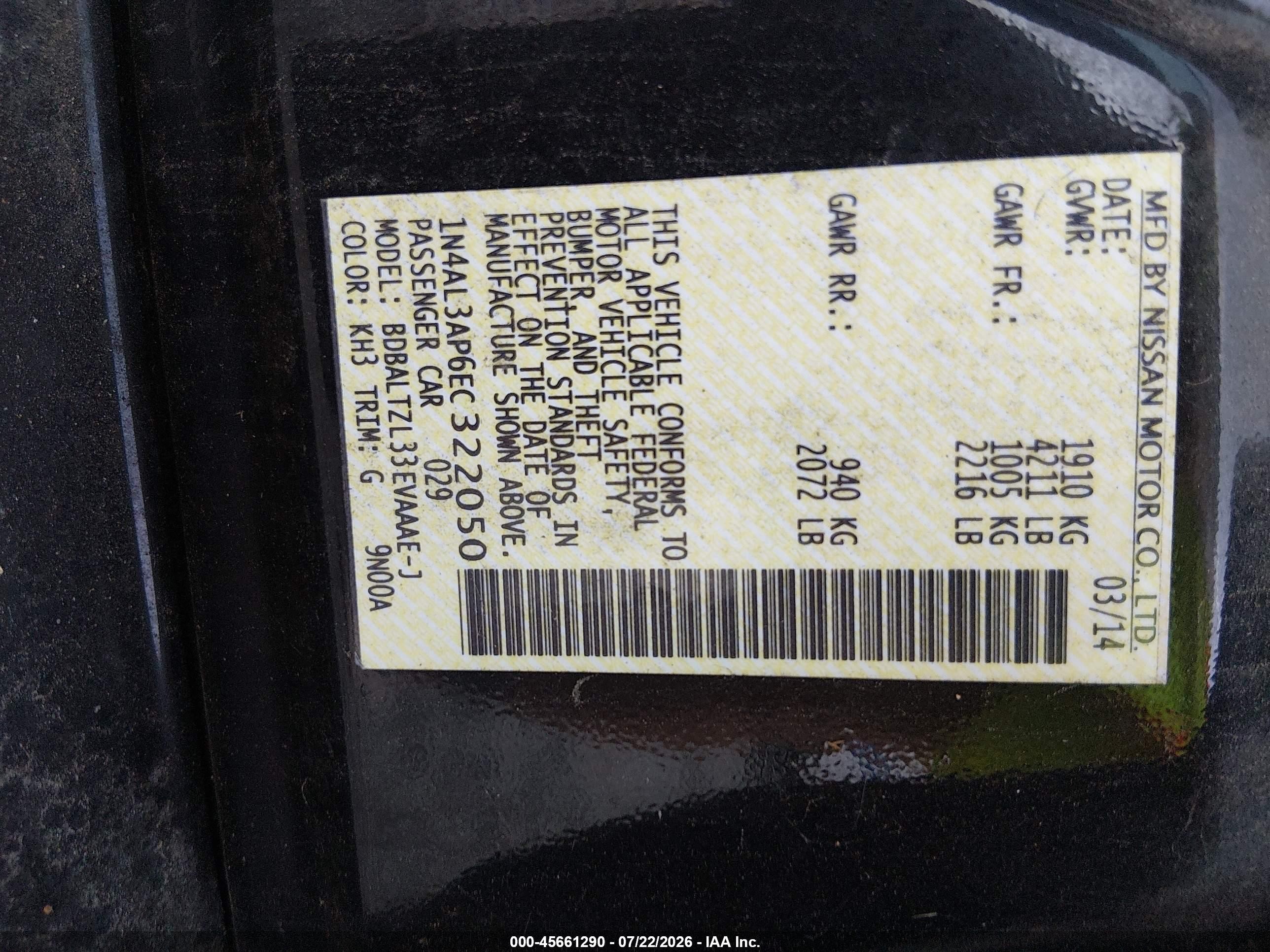 2014 Nissan Altima 2.5 Sv Black vin: 1N4AL3AP6EC322050