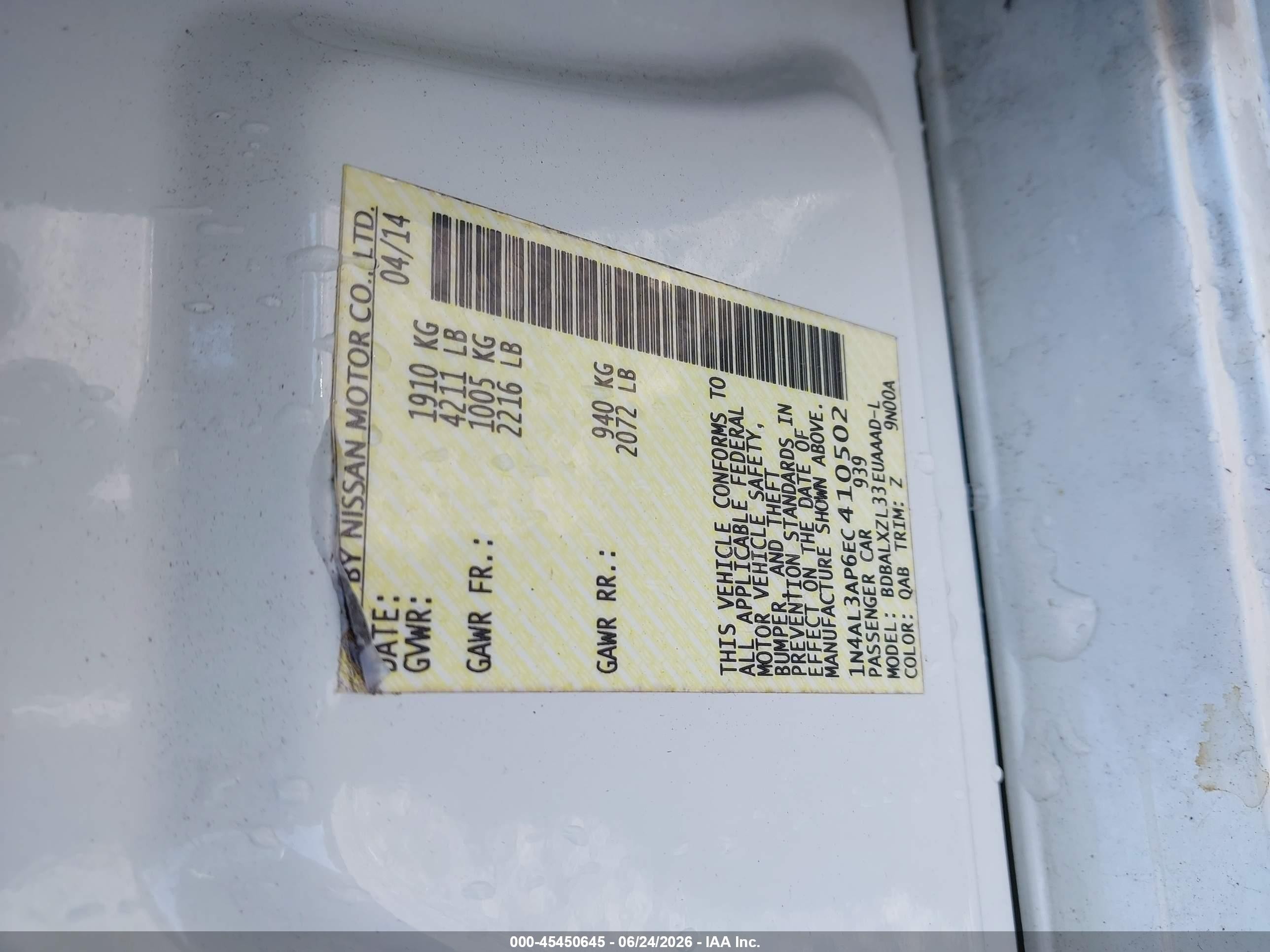 2014 Nissan Altima 2.5 Sl White vin: 1N4AL3AP6EC410502