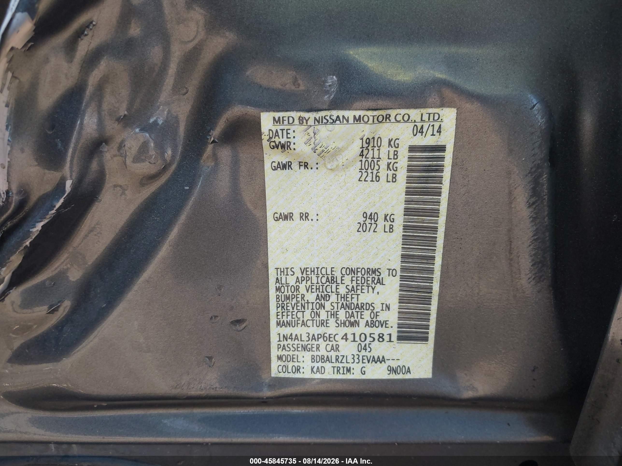 2014 Nissan Altima 2.5/2.5 S/2.5 Sl/2.5 Sv Gray vin: 1N4AL3AP6EC410581